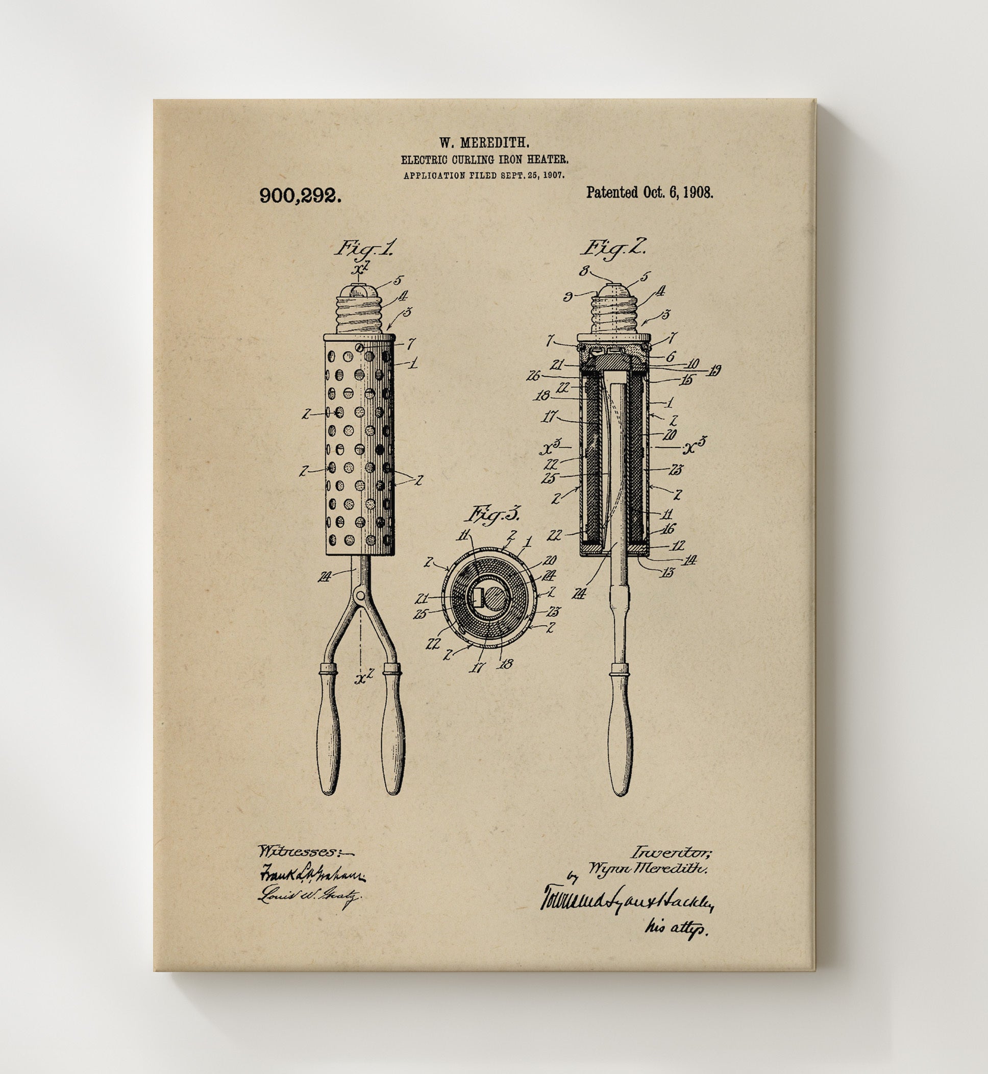 Patent Print - Electric Curling Iron Heater - Wygne Meredith - 1908 - Patent 900292 Patent Wall Art