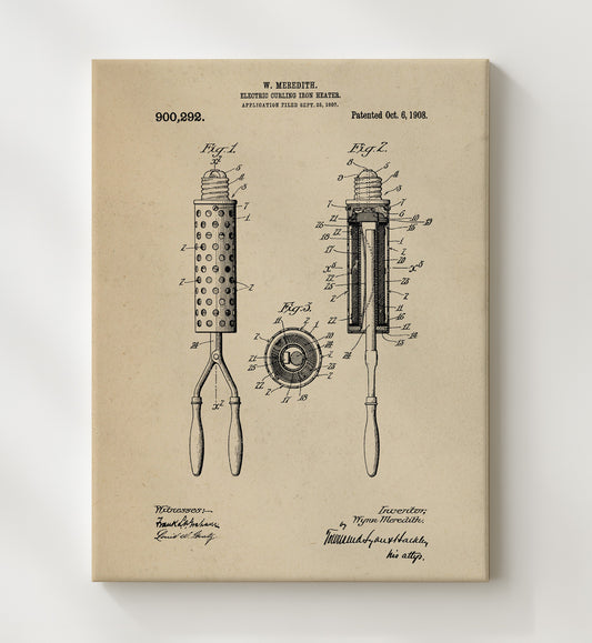 Electric Curling Iron Heater 1908 patent print wall art 8x10 Canvas