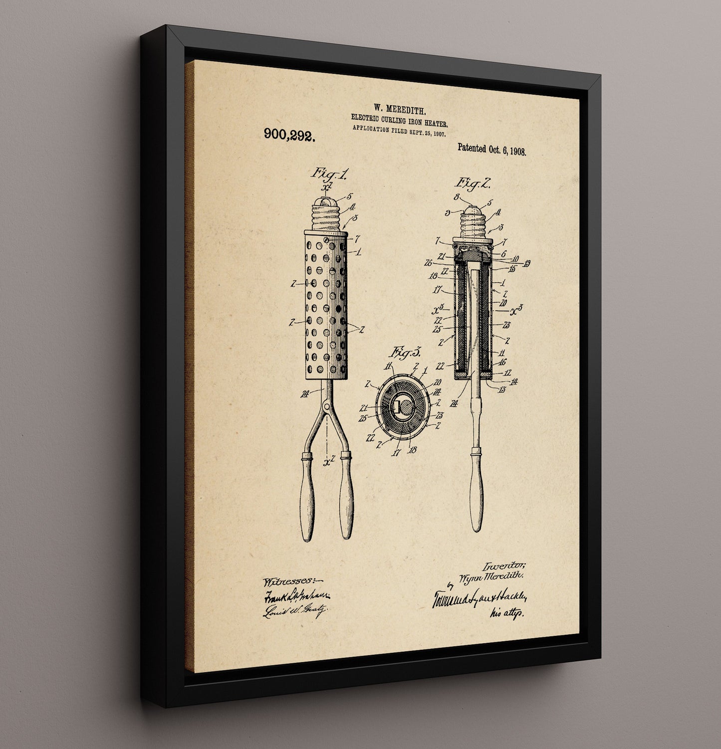 Patent Print - Electric Curling Iron Heater - Wygne Meredith - 1908 - Patent 900292 Patent Wall Art