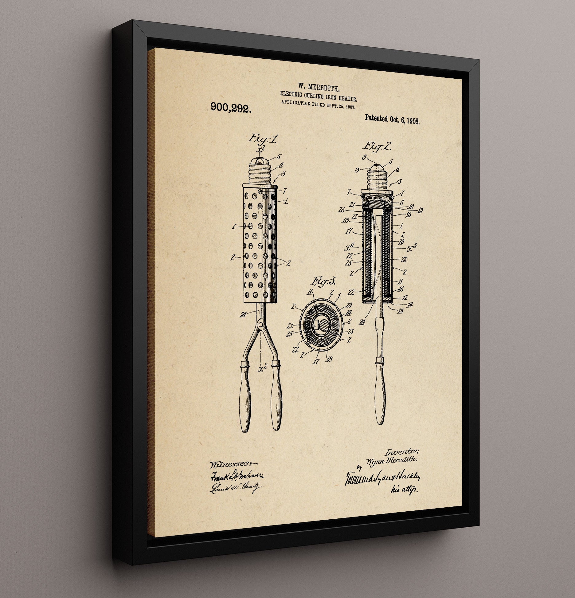 Patent Print - Electric Curling Iron Heater - Wygne Meredith - 1908 - Patent 900292 Patent Wall Art
