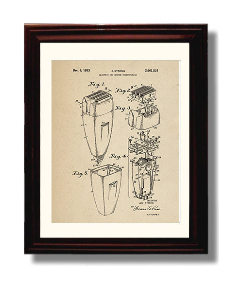 Patent Print - Electric Dry Shaver - Jan Streng - 1953 - Patent 2661531 Patent Wall Art