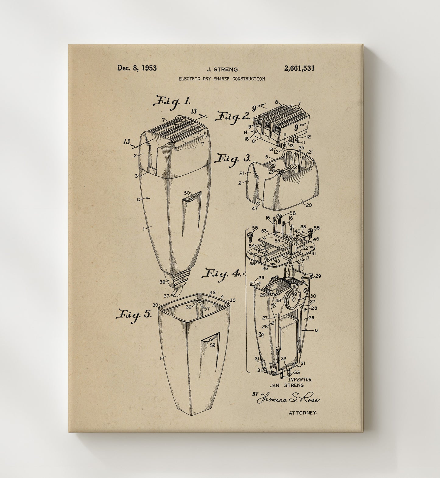Patent Print - Electric Dry Shaver - Jan Streng - 1953 - Patent 2661531 Patent Wall Art