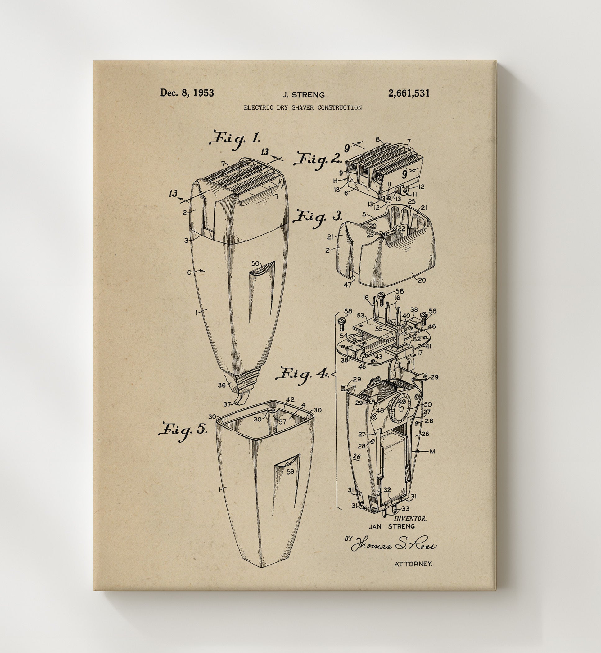Patent Print - Electric Dry Shaver - Jan Streng - 1953 - Patent 2661531 Patent Wall Art