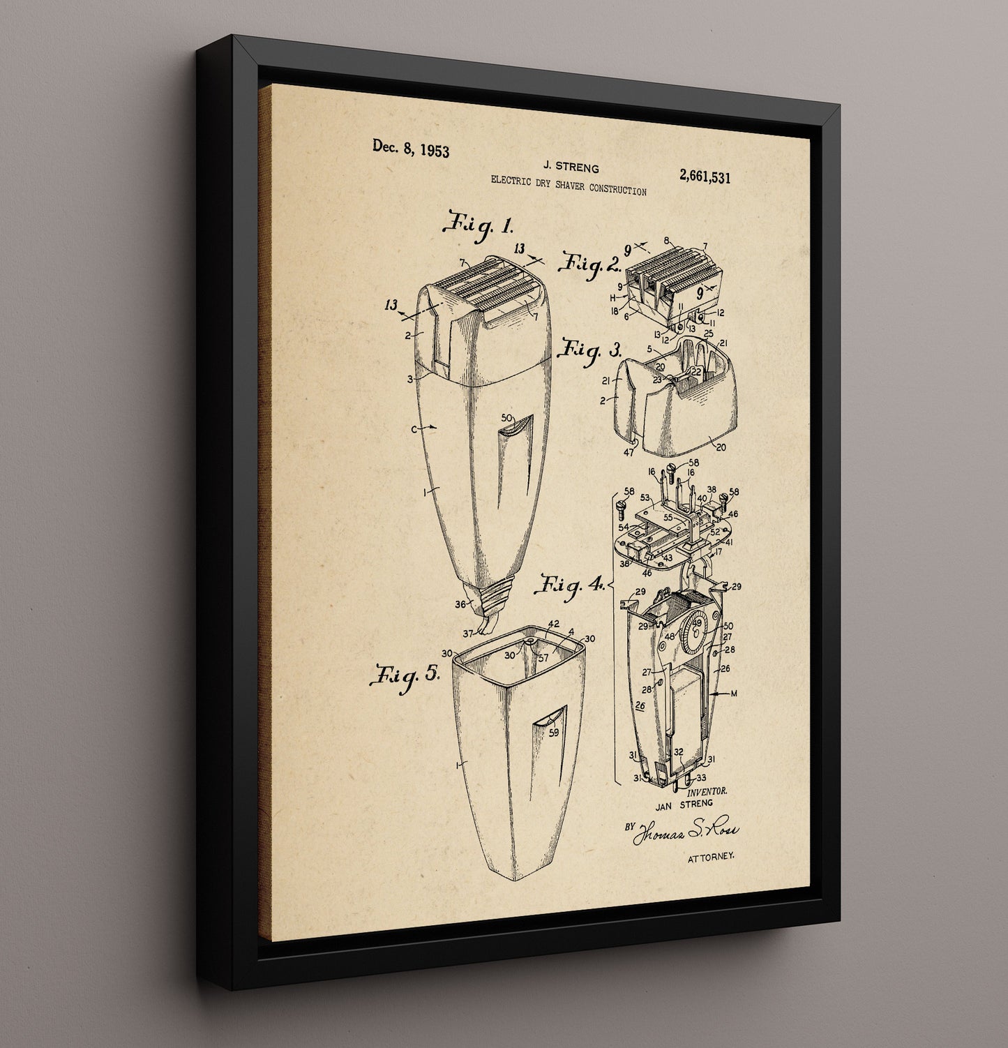 Patent Print - Electric Dry Shaver - Jan Streng - 1953 - Patent 2661531 Patent Wall Art