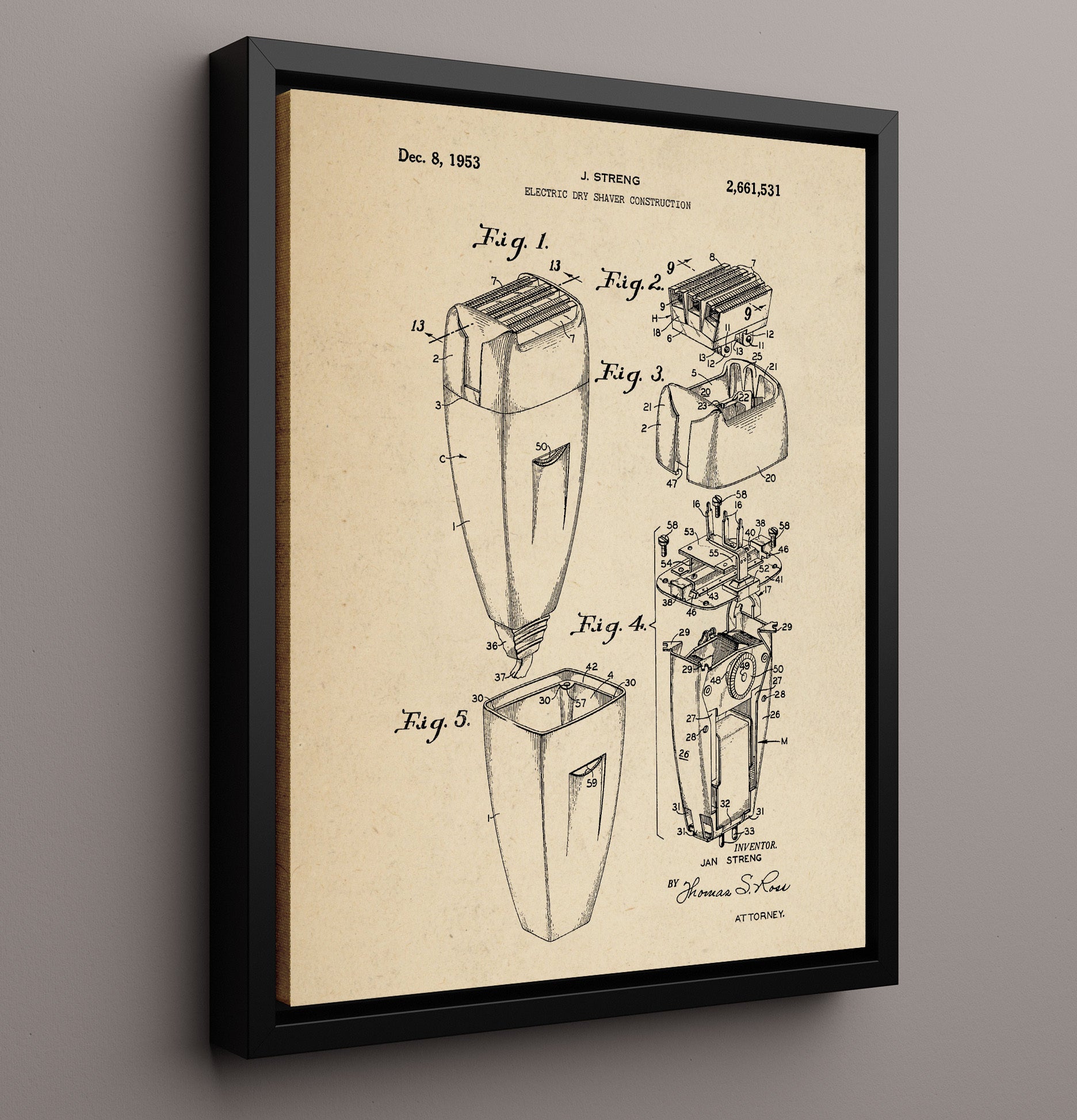 Patent Print - Electric Dry Shaver - Jan Streng - 1953 - Patent 2661531 Patent Wall Art