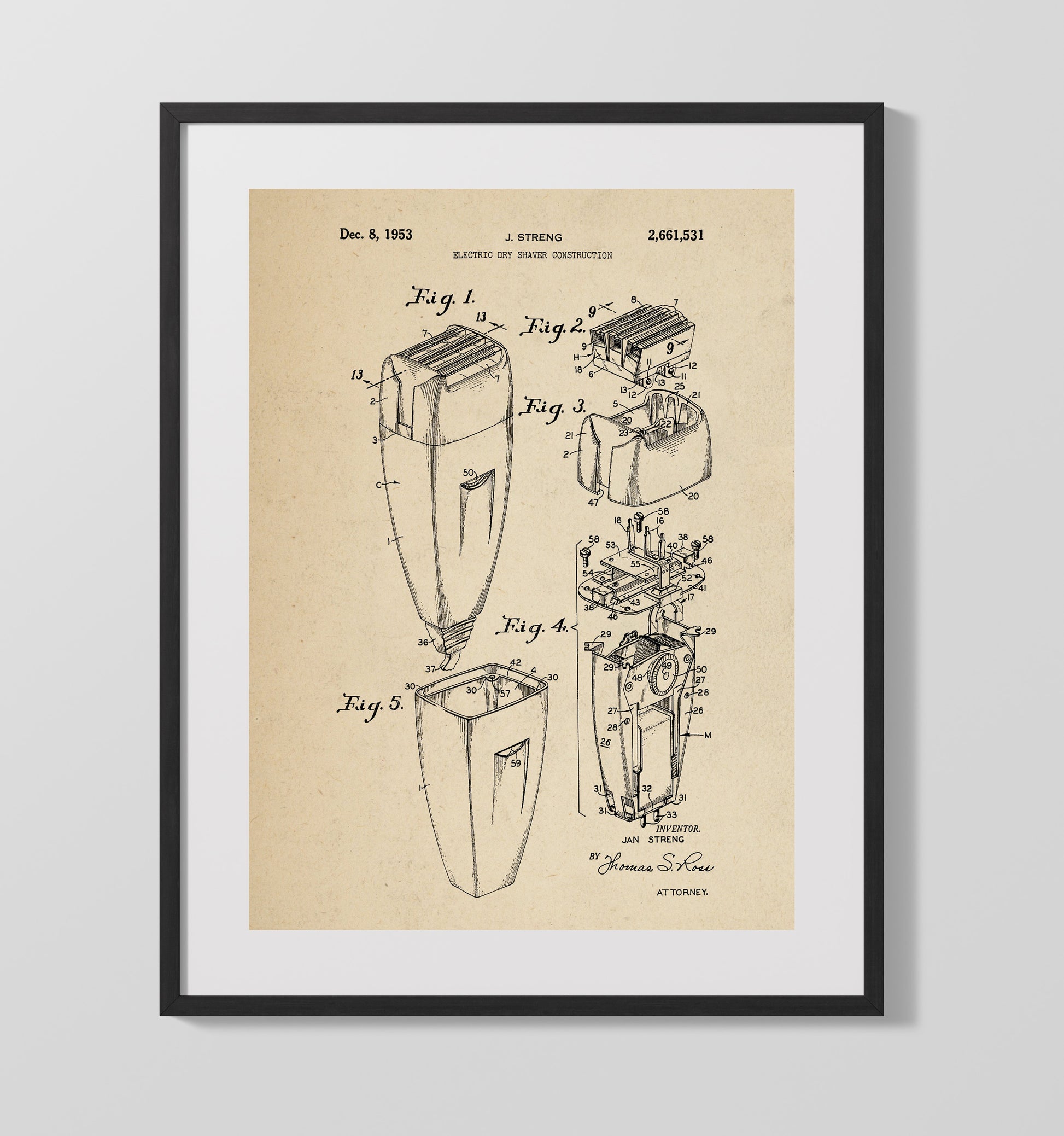 Patent Print - Electric Dry Shaver - Jan Streng - 1953 - Patent 2661531 Patent Wall Art