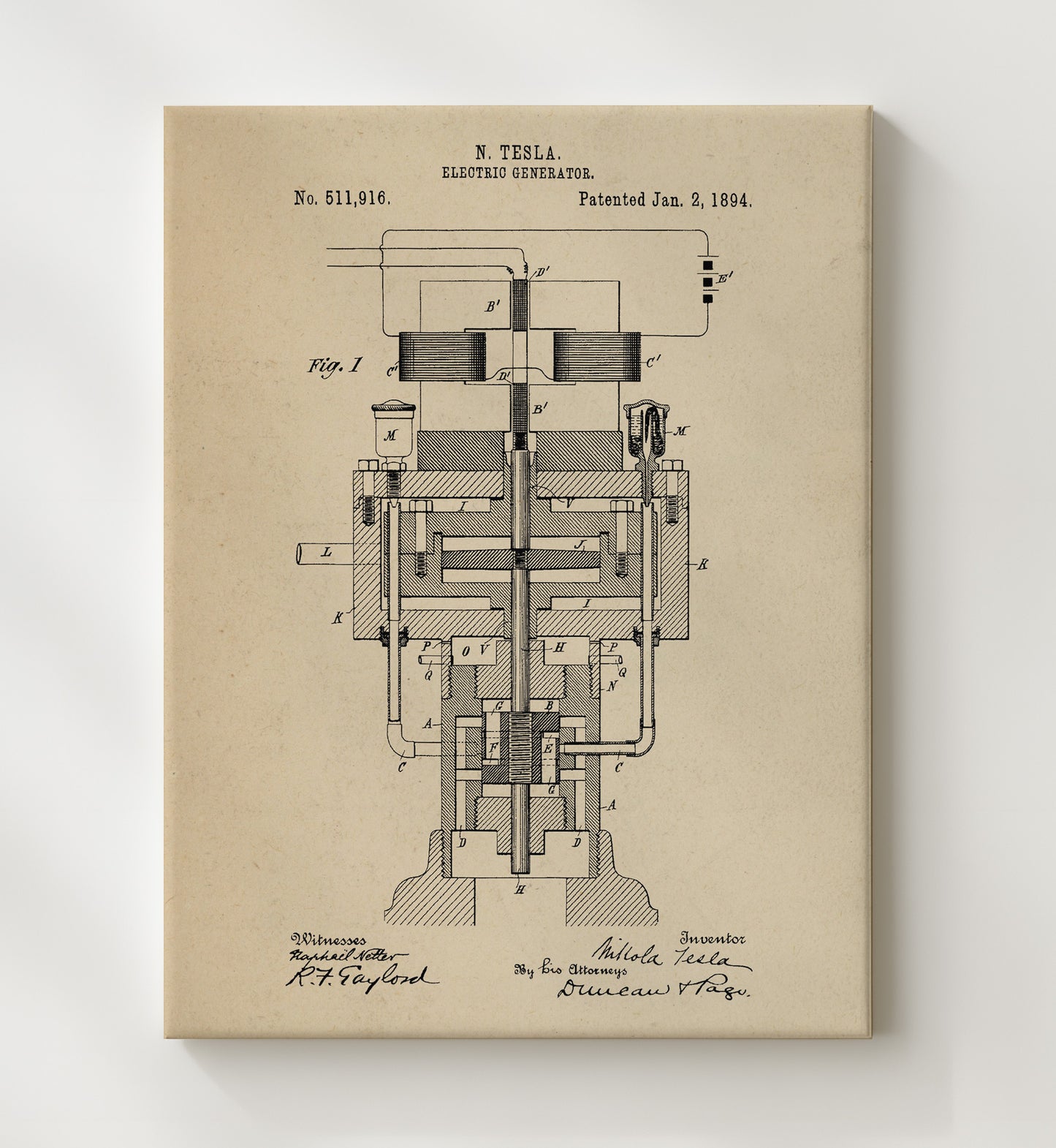 Patent Print - Electric Generator - Nikola Tesla - 1894 - Patent 511916 Patent Wall Art