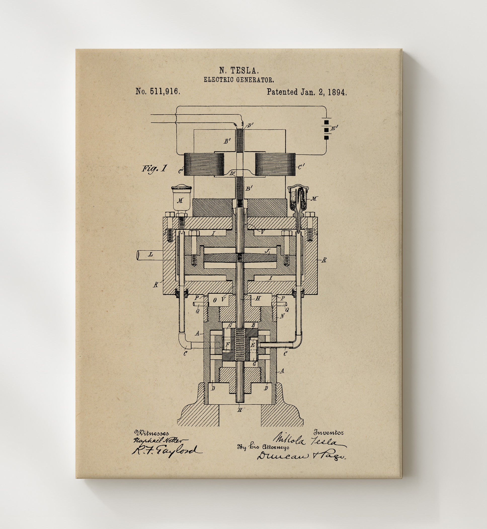 Patent Print - Electric Generator - Nikola Tesla - 1894 - Patent 511916 Patent Wall Art