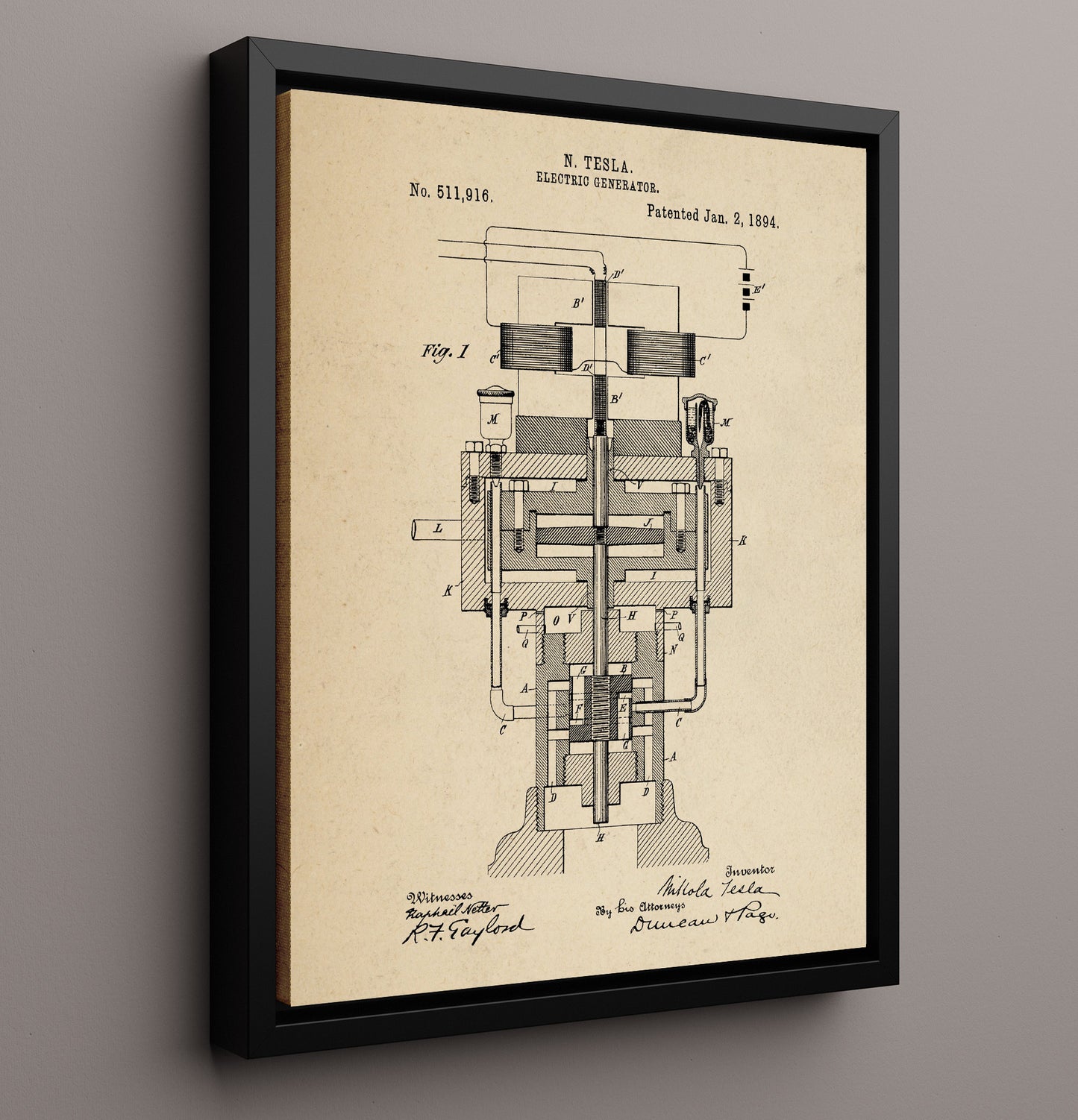 Patent Print - Electric Generator - Nikola Tesla - 1894 - Patent 511916 Patent Wall Art