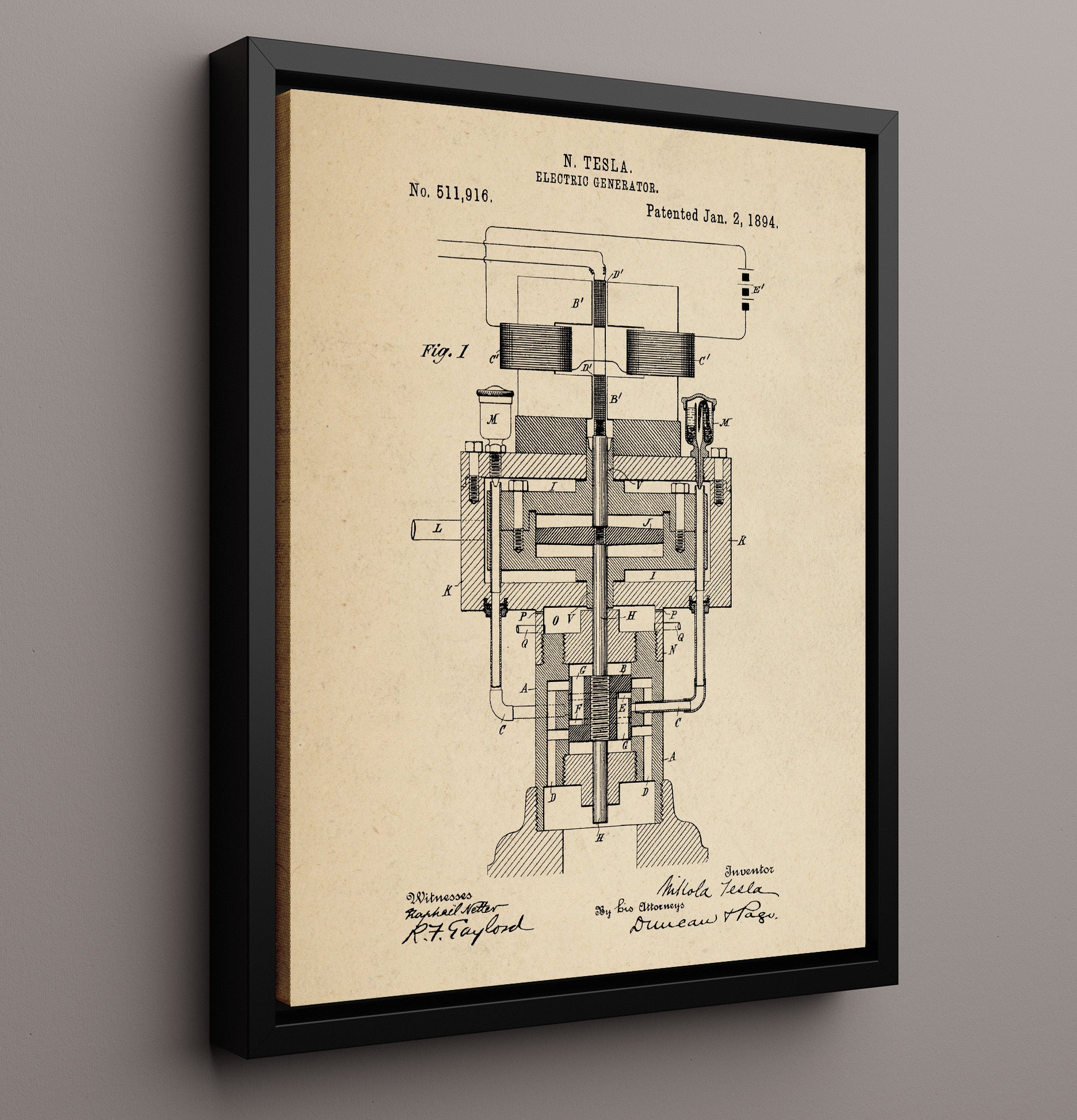 Patent Print - Electric Generator - Nikola Tesla - 1894 - Patent 511916 Patent Wall Art