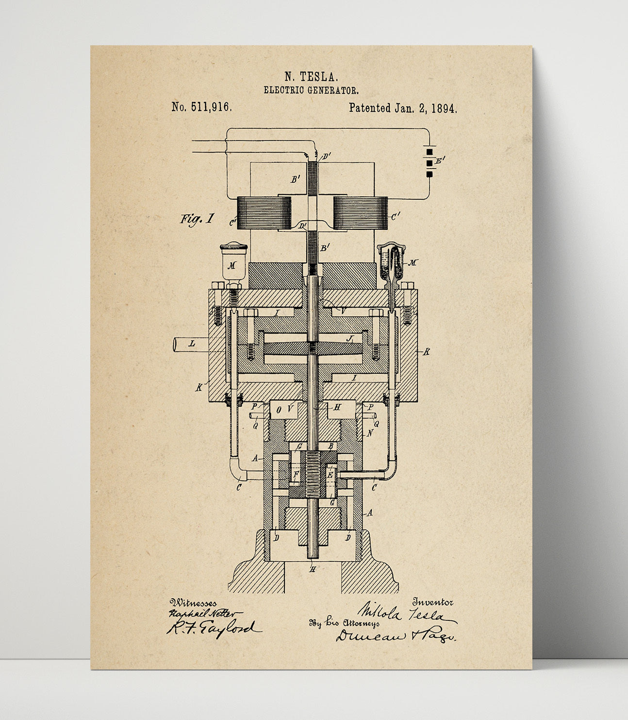 Patent Print - Electric Generator - Nikola Tesla - 1894 - Patent 511916 Patent Wall Art