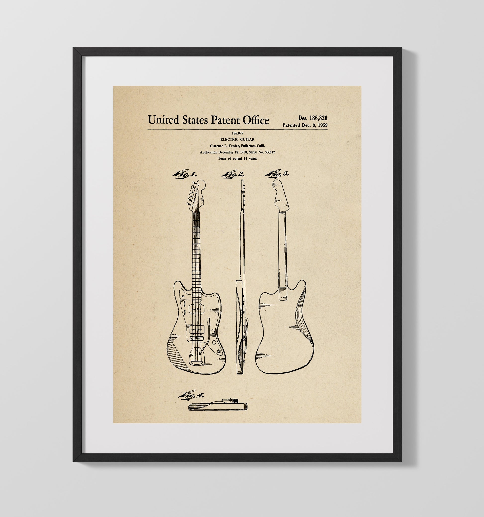 Patent Print - Electric Guitar - Clarence L. Fender - 1959 - Patent 186826 Patent Wall Art