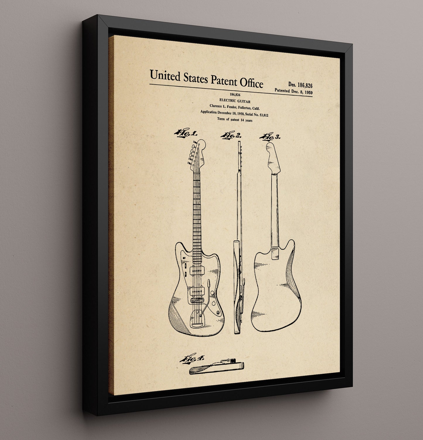 Patent Print - Electric Guitar - Clarence L. Fender - 1959 - Patent 186826 Patent Wall Art
