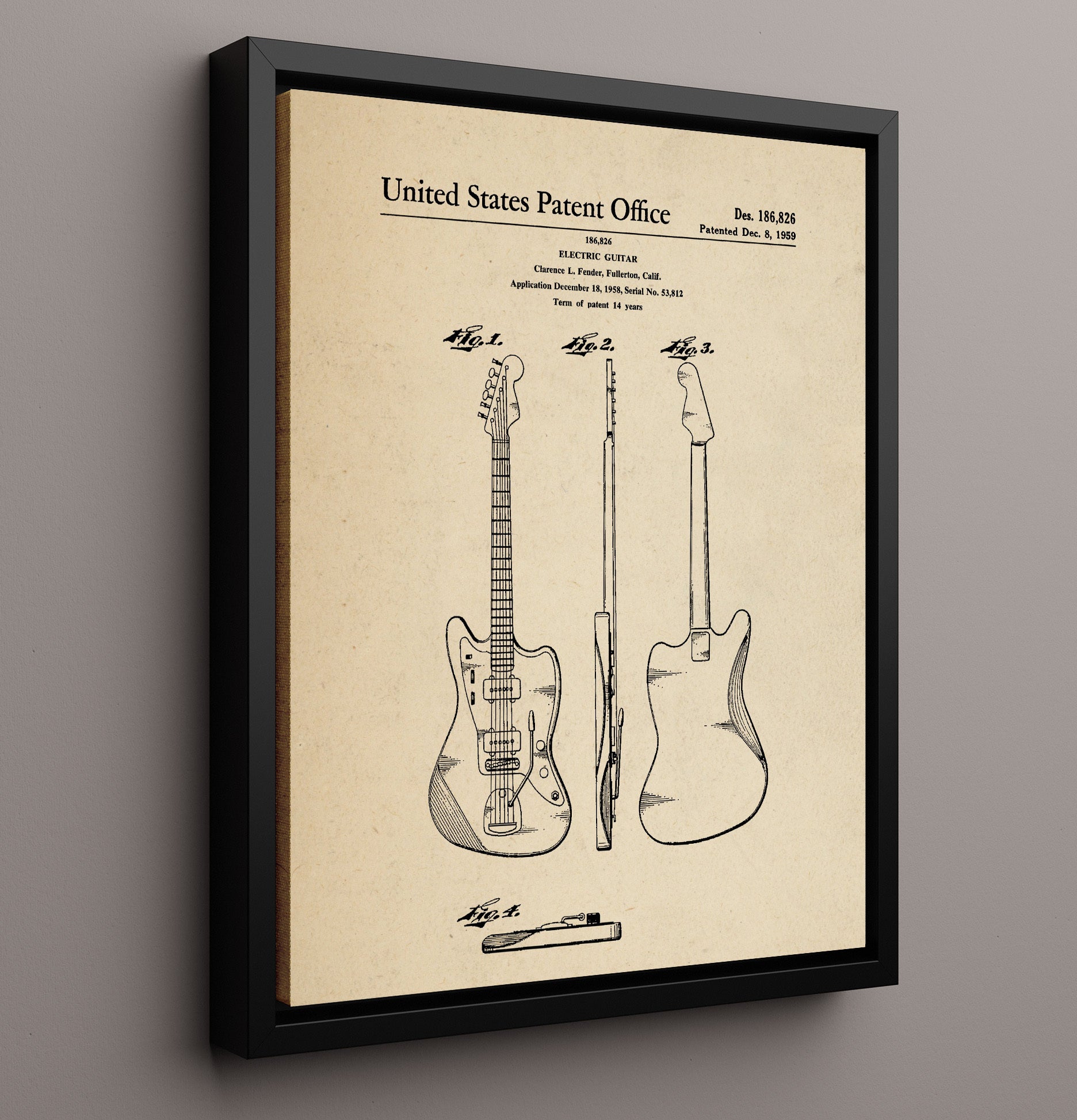 Patent Print - Electric Guitar - Clarence L. Fender - 1959 - Patent 186826 Patent Wall Art