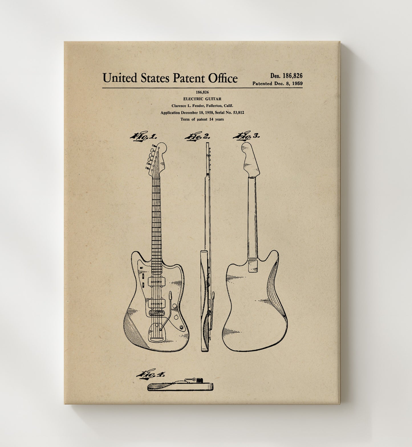 Patent Print - Electric Guitar - Clarence L. Fender - 1959 - Patent 186826 Patent Wall Art
