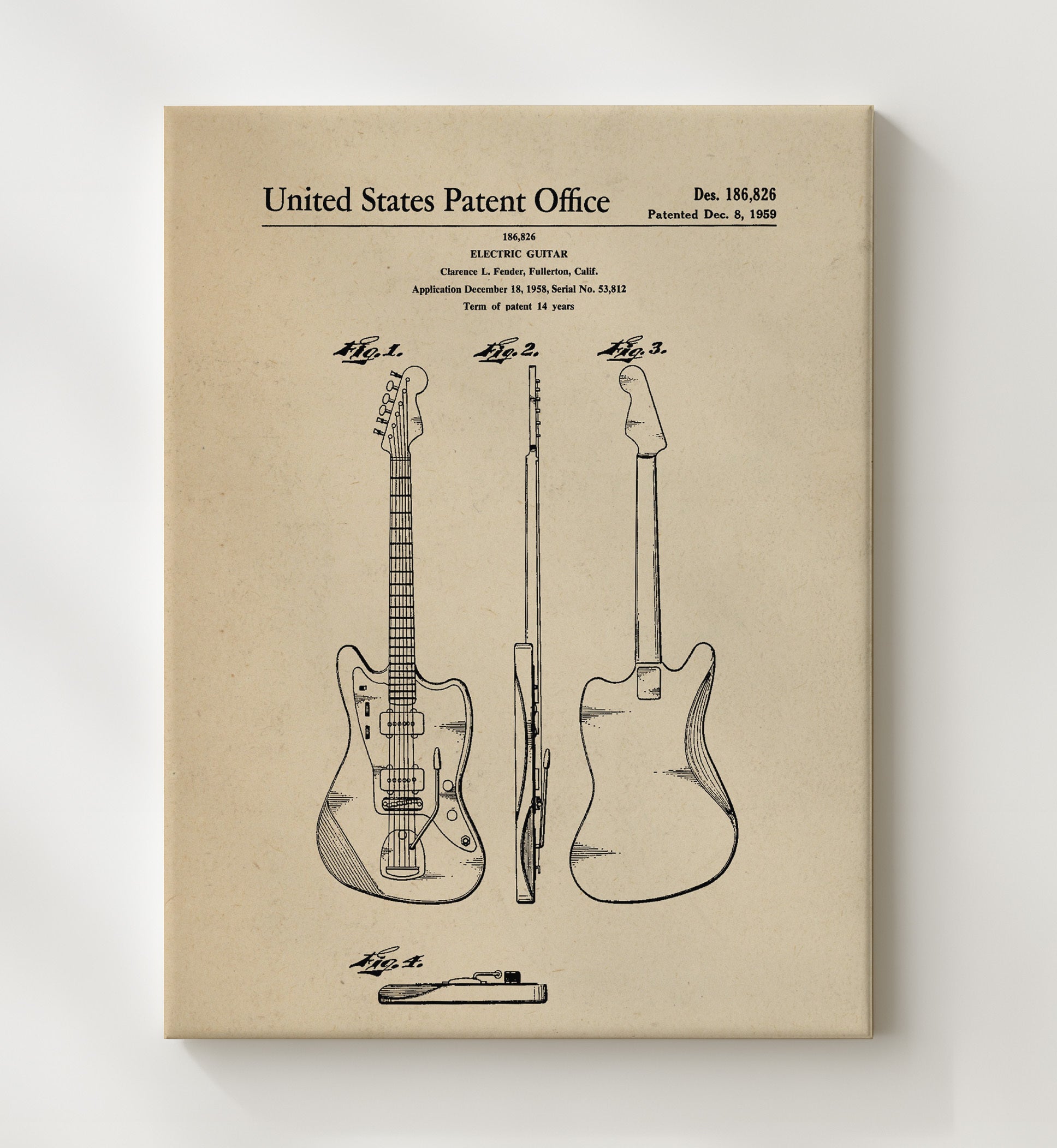 Patent Print - Electric Guitar - Clarence L. Fender - 1959 - Patent 186826 Patent Wall Art