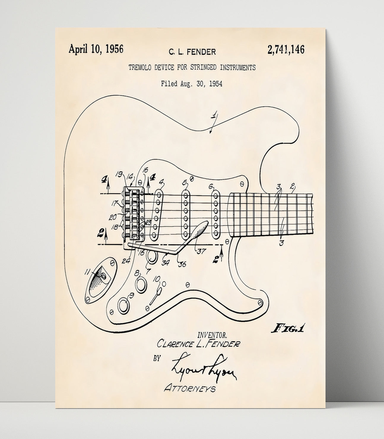 Patent Print - Electric Guitar - Fender Tremolo Patent 1956 Patent Wall Art