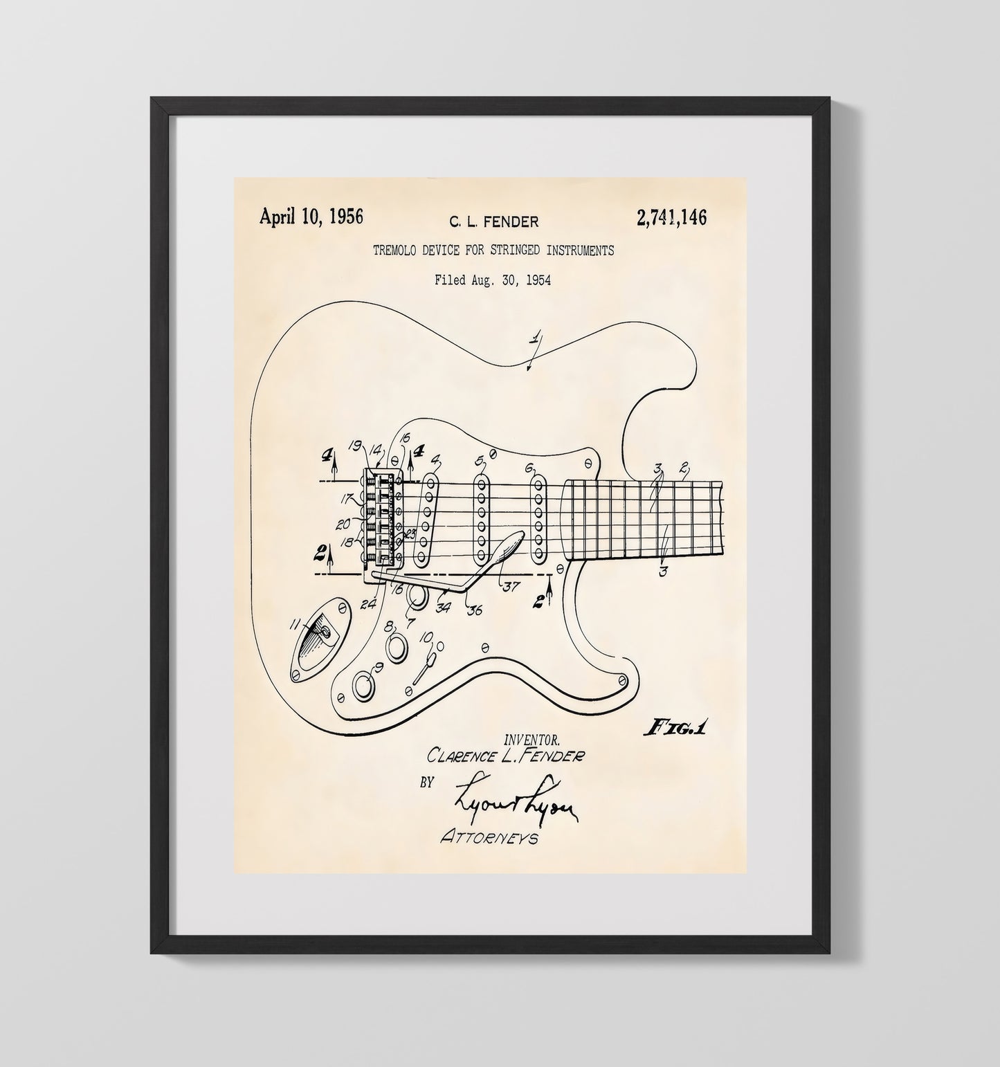 Patent Print - Electric Guitar - Fender Tremolo Patent 1956 Patent Wall Art