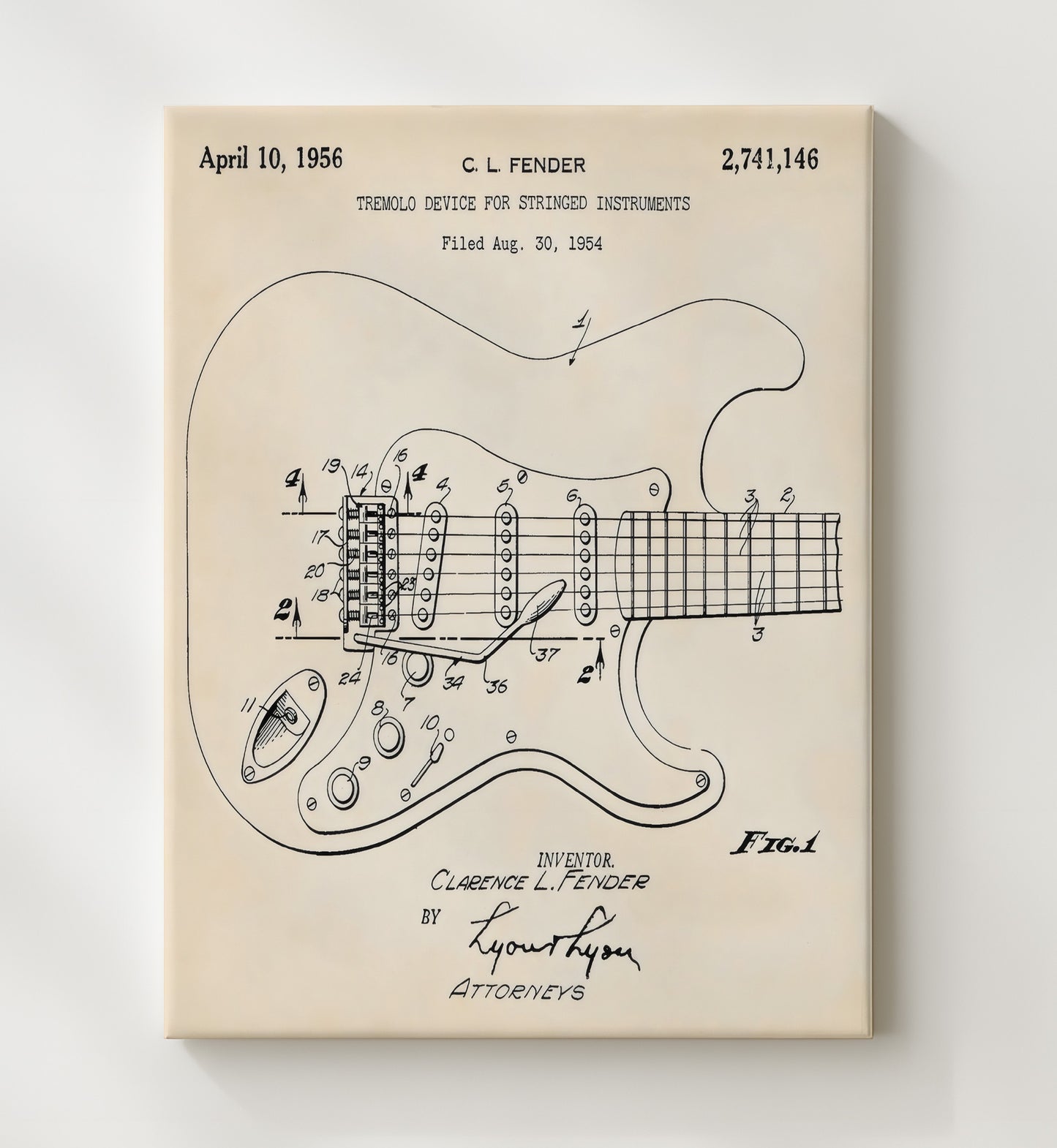 Patent Print - Electric Guitar - Fender Tremolo Patent 1956 Patent Wall Art