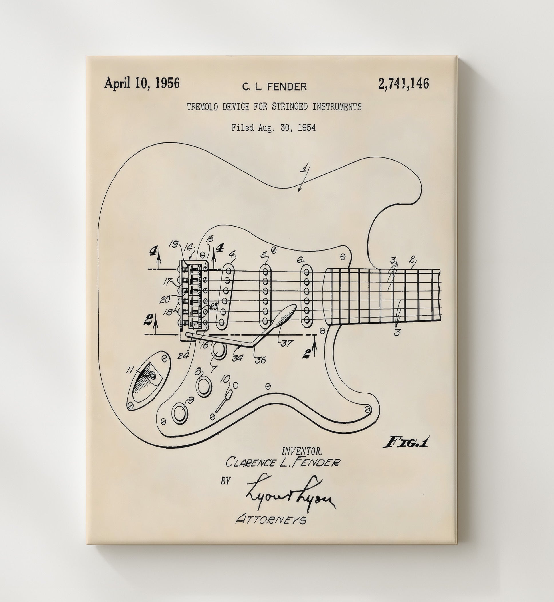 Patent Print - Electric Guitar - Fender Tremolo Patent 1956 Patent Wall Art
