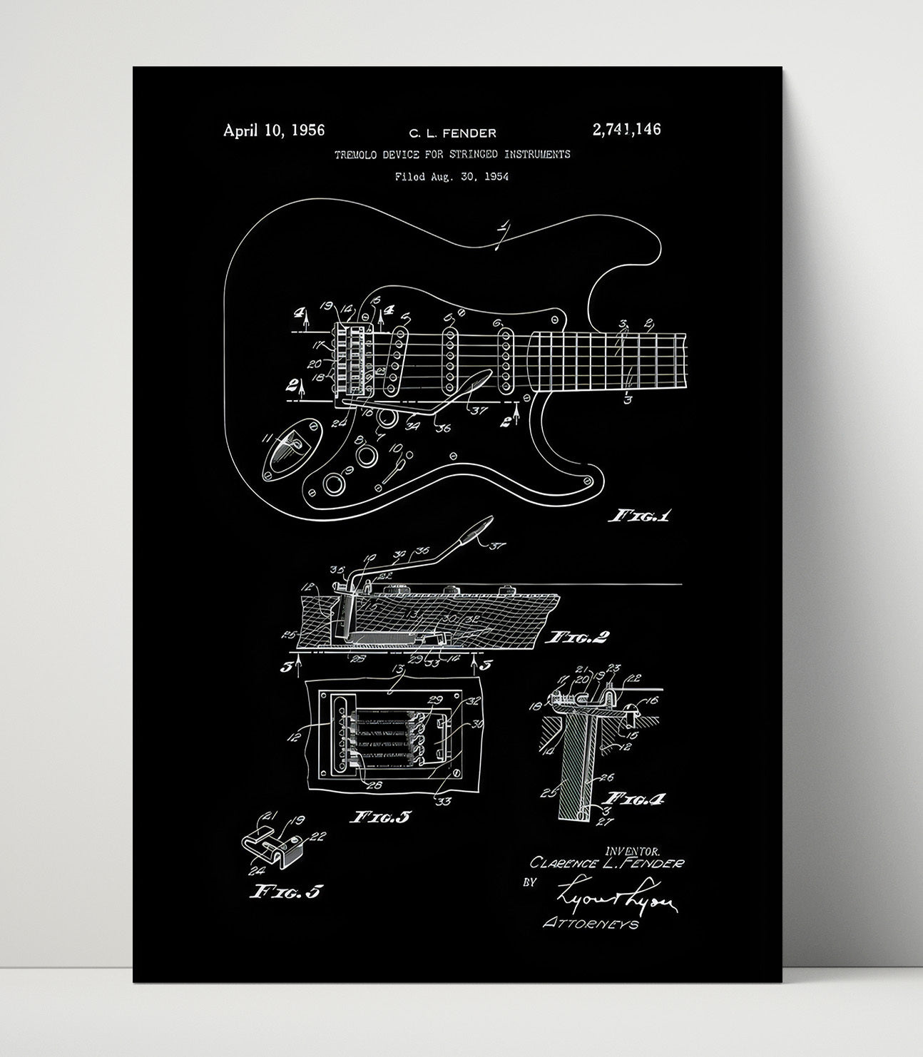 Patent Print - Electric Guitar - Fender Tremolo Patent (Black Diagram) Patent Wall Art