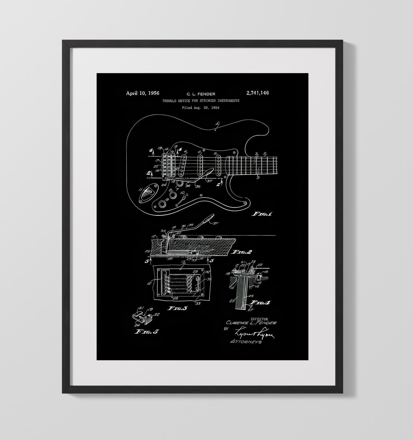 Patent Print - Electric Guitar - Fender Tremolo Patent (Black Diagram) Patent Wall Art