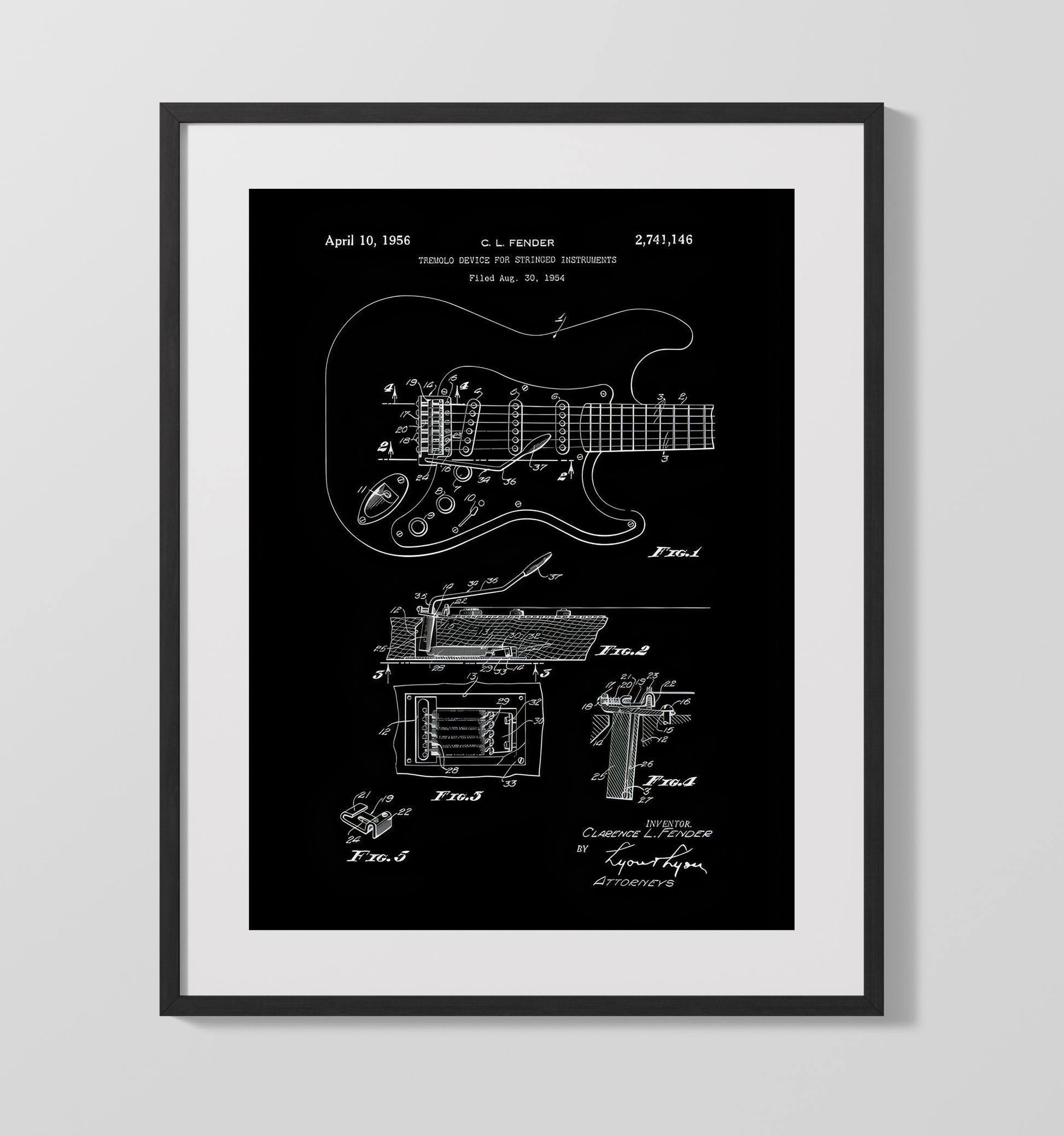Patent Print - Electric Guitar - Fender Tremolo Patent (Black Diagram) Patent Wall Art
