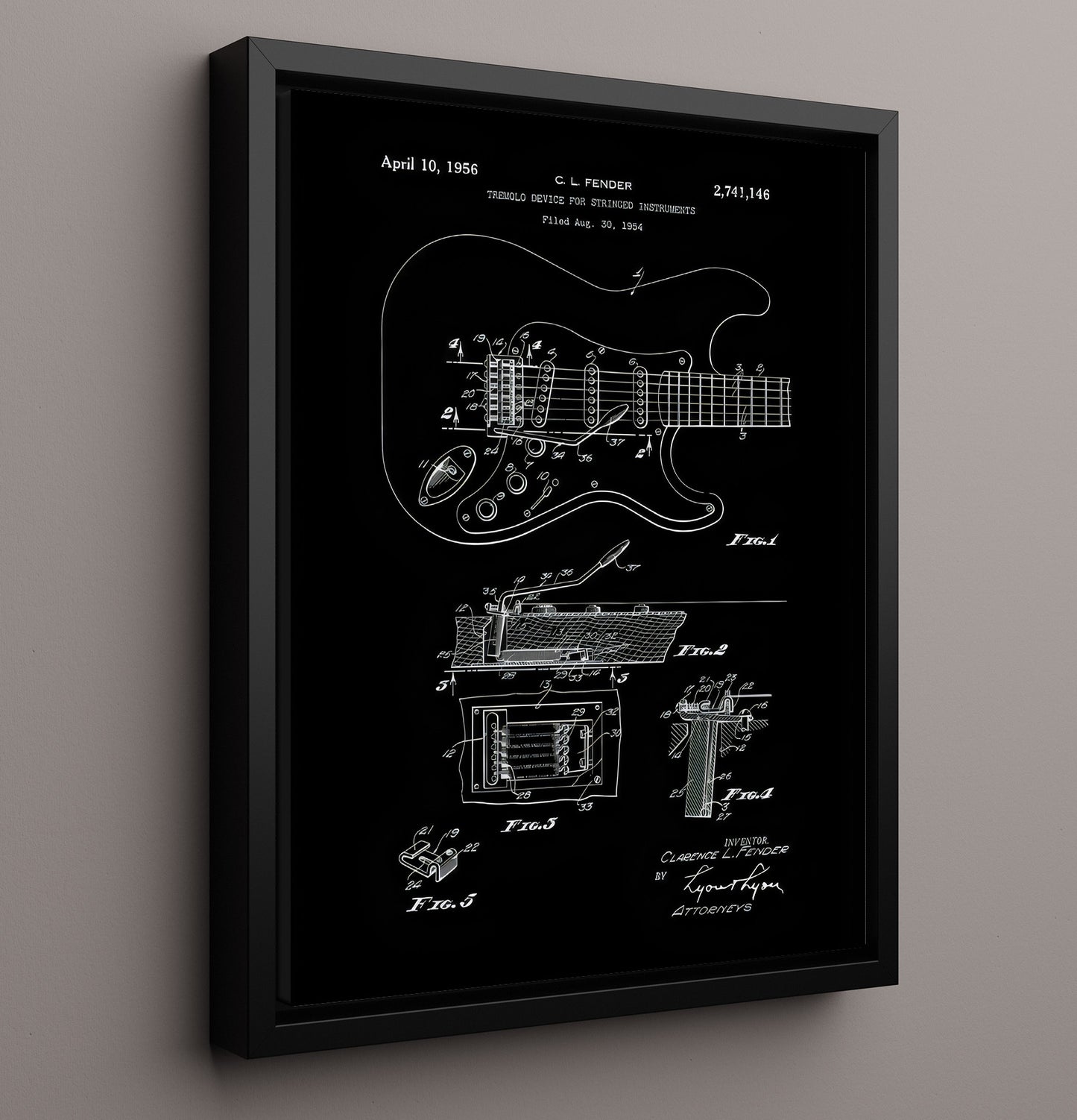 Patent Print - Electric Guitar - Fender Tremolo Patent (Black Diagram) Patent Wall Art