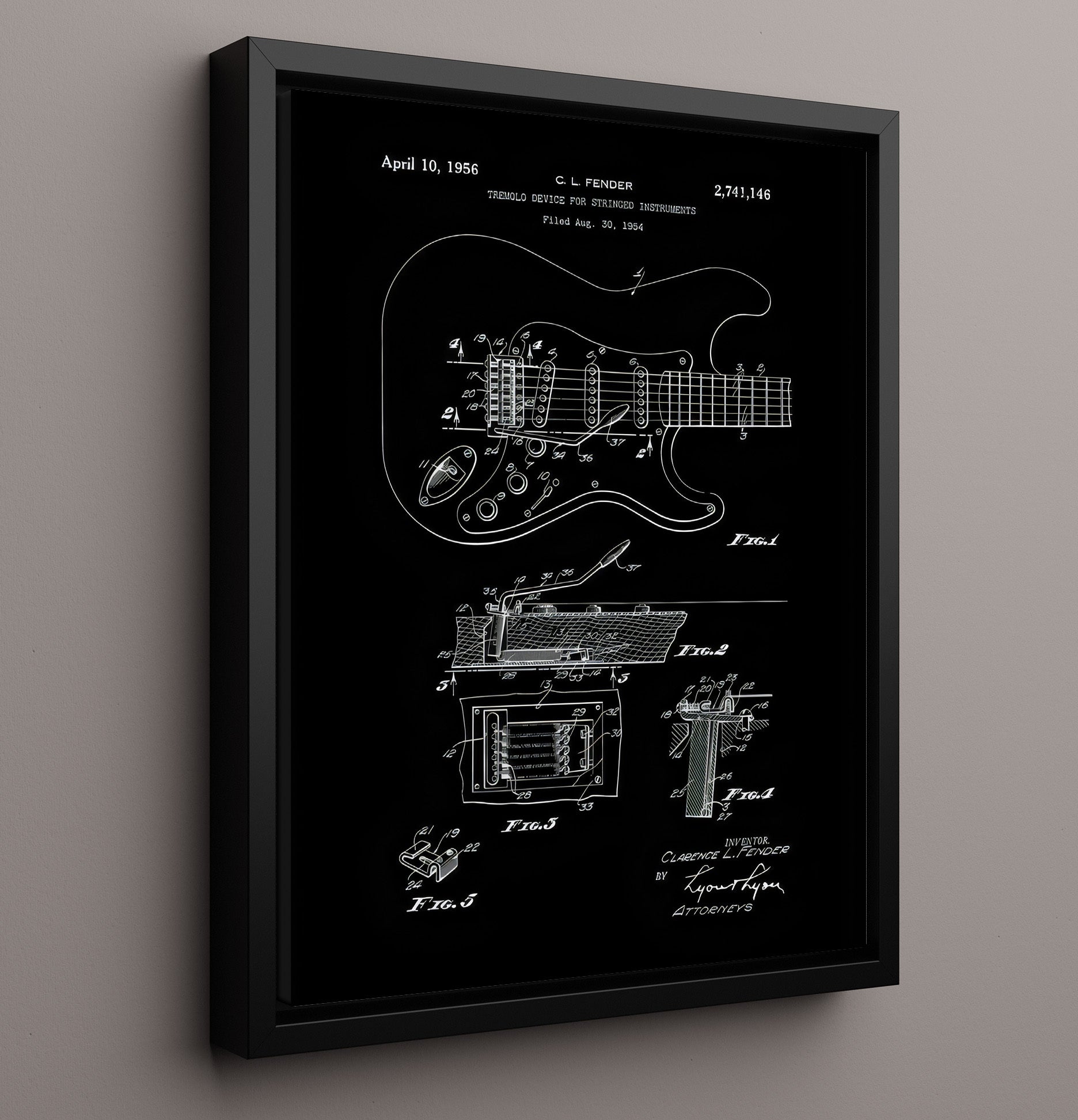 Patent Print - Electric Guitar - Fender Tremolo Patent (Black Diagram) Patent Wall Art