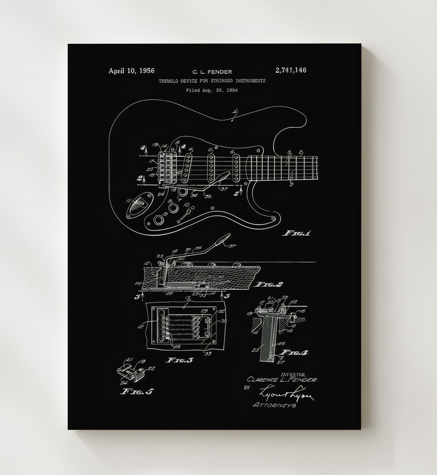 Patent Print - Electric Guitar - Fender Tremolo Patent (Black Diagram) Patent Wall Art