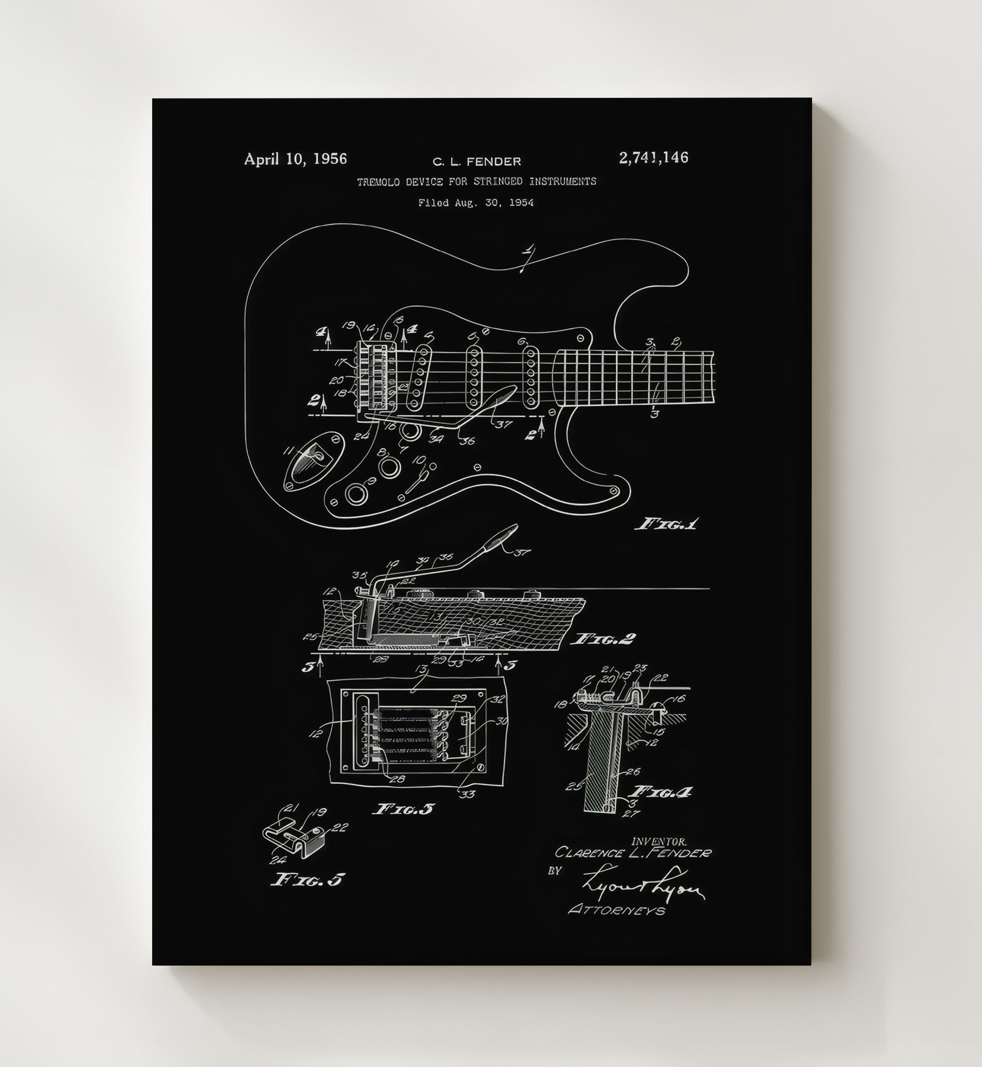 Patent Print - Electric Guitar - Fender Tremolo Patent (Black Diagram) Patent Wall Art
