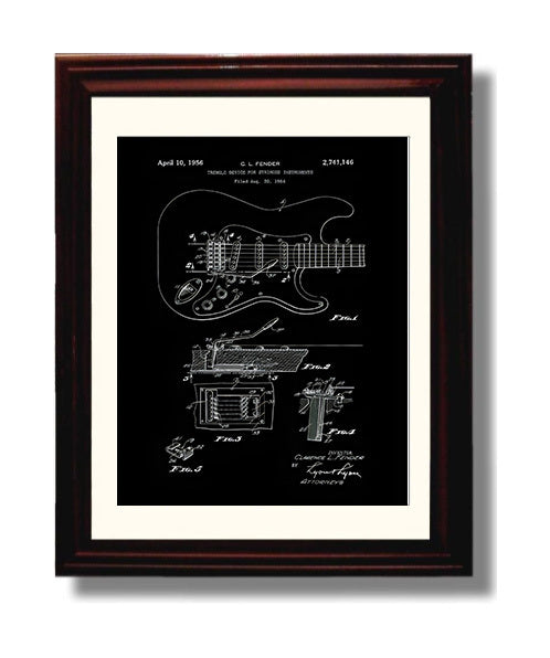 Patent Print - Electric Guitar - Fender Tremolo Patent (Black Diagram) Patent Wall Art
