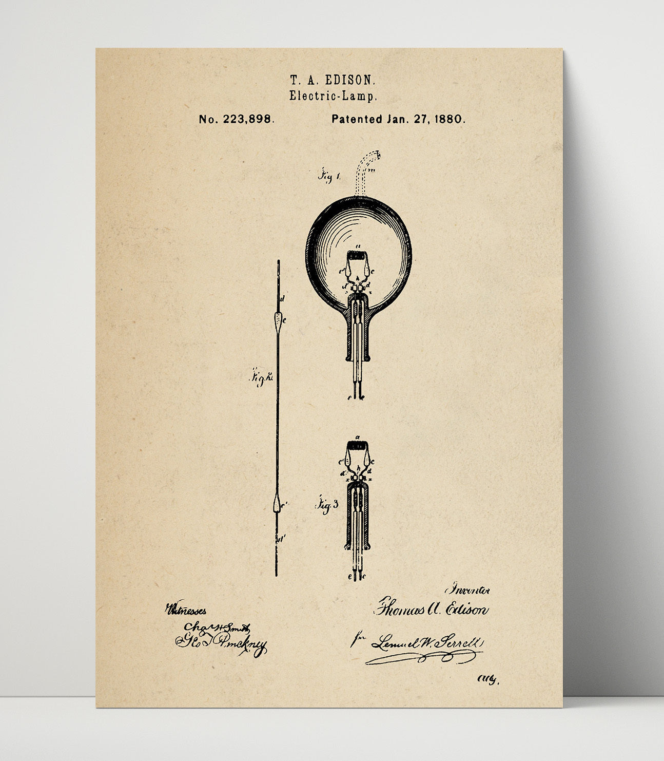 Patent Print - Electric Lamp - Thomas Edison - 1880 - Patent 223898 Patent Wall Art