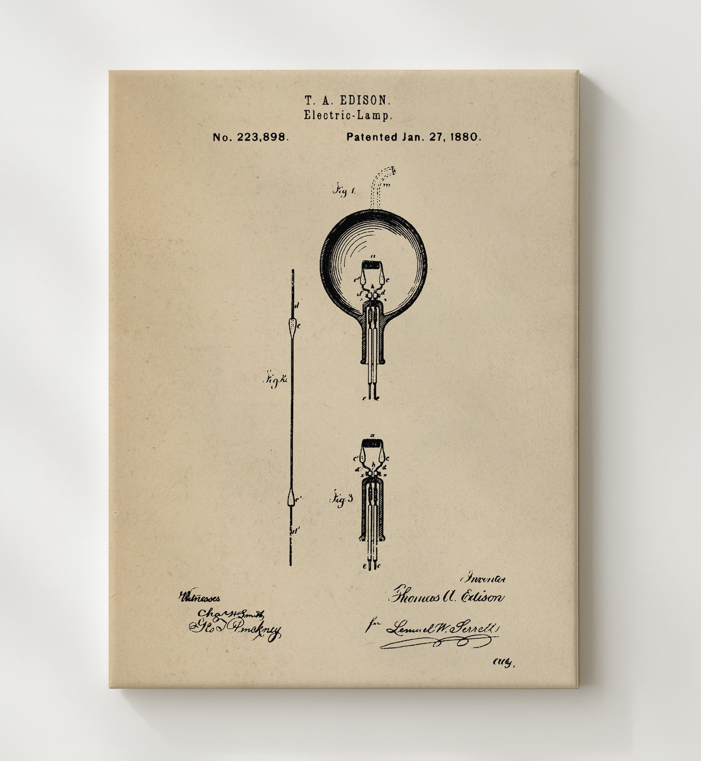 Patent Print - Electric Lamp - Thomas Edison - 1880 - Patent 223898 Patent Wall Art
