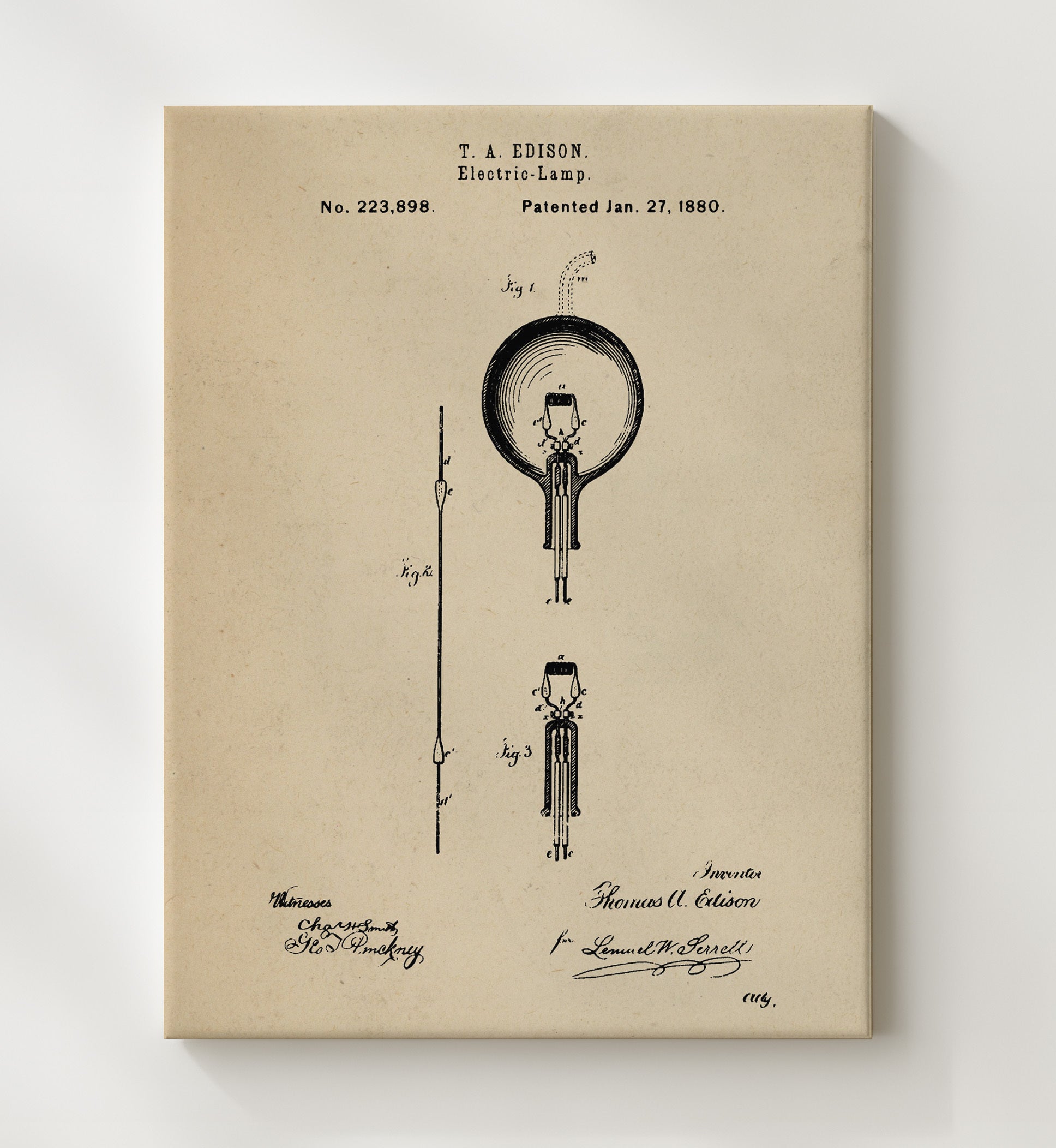 Patent Print - Electric Lamp - Thomas Edison - 1880 - Patent 223898 Patent Wall Art
