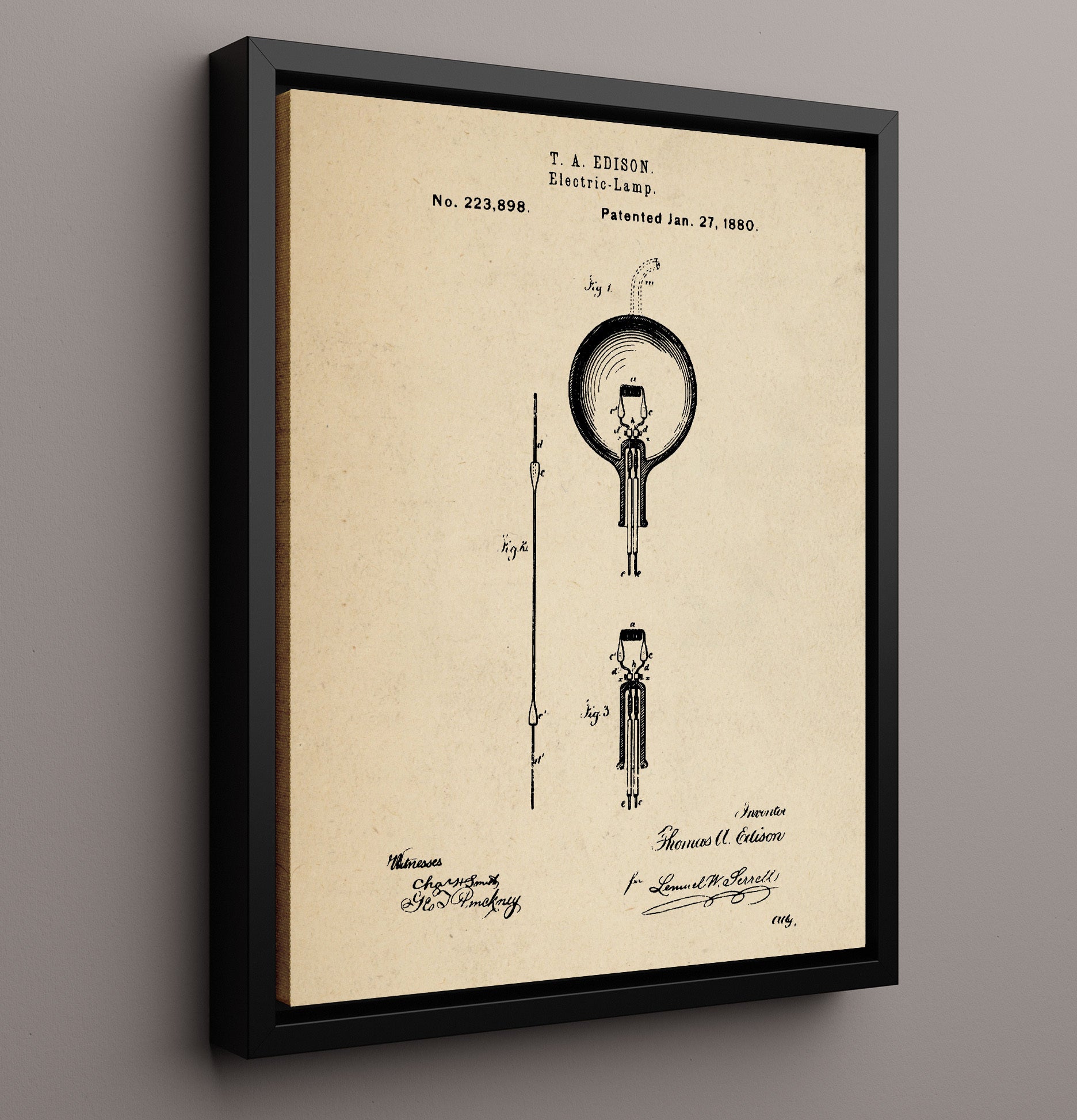Patent Print - Electric Lamp - Thomas Edison - 1880 - Patent 223898 Patent Wall Art
