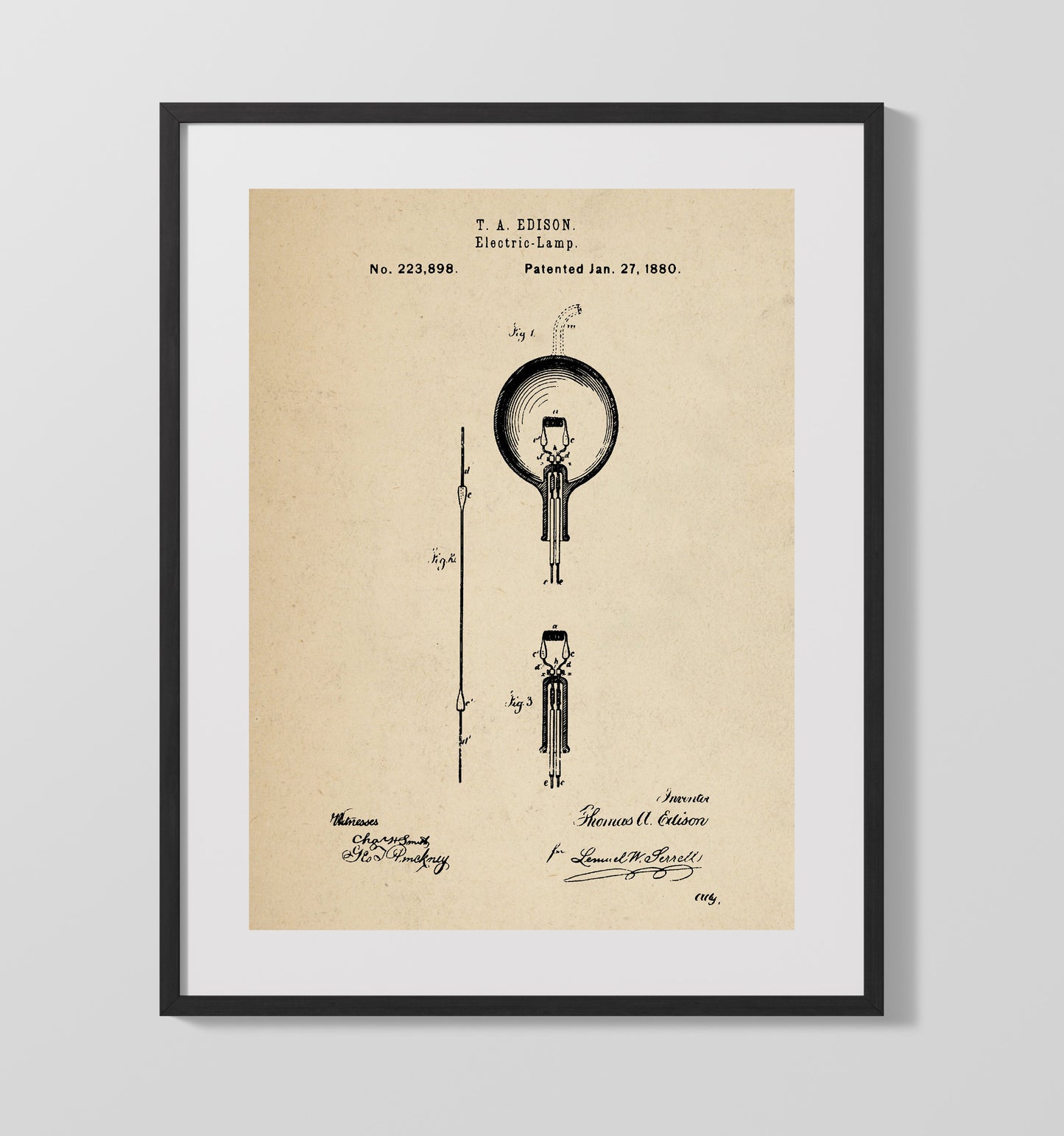 Patent Print - Electric Lamp - Thomas Edison - 1880 - Patent 223898 Patent Wall Art