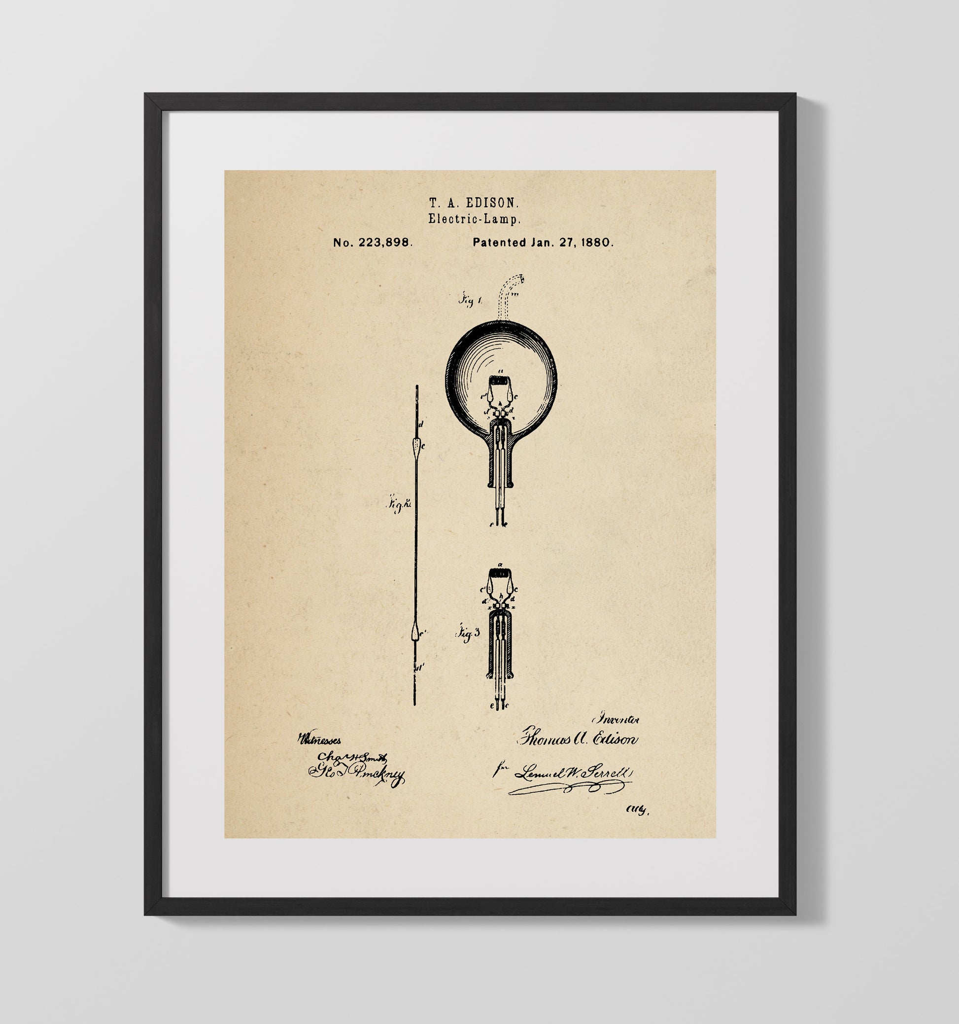 Patent Print - Electric Lamp - Thomas Edison - 1880 - Patent 223898 Patent Wall Art