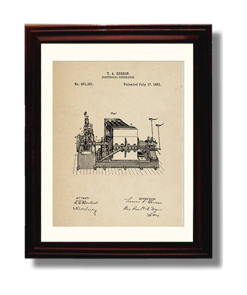 Patent Print - Electrical Generator Main Assembly - Thomas Edison - 1883 - Patent 281351 Patent Wall Art