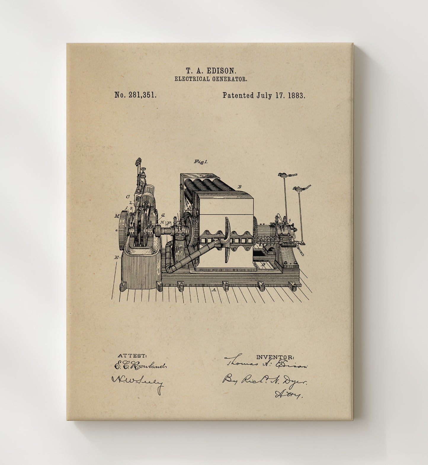 Patent Print - Electrical Generator Main Assembly - Thomas Edison - 1883 - Patent 281351 Patent Wall Art