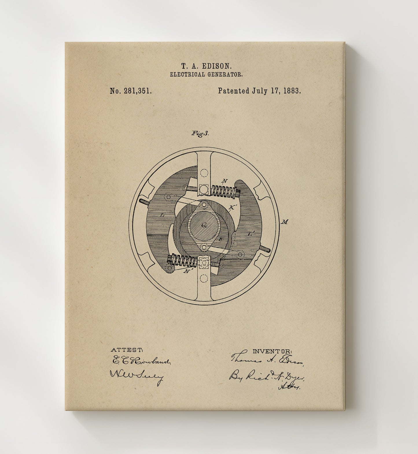 Patent Print - Electrical Generator Rotor Detail - Thomas Edison - 1883 - Patent 281351 Patent Wall Art