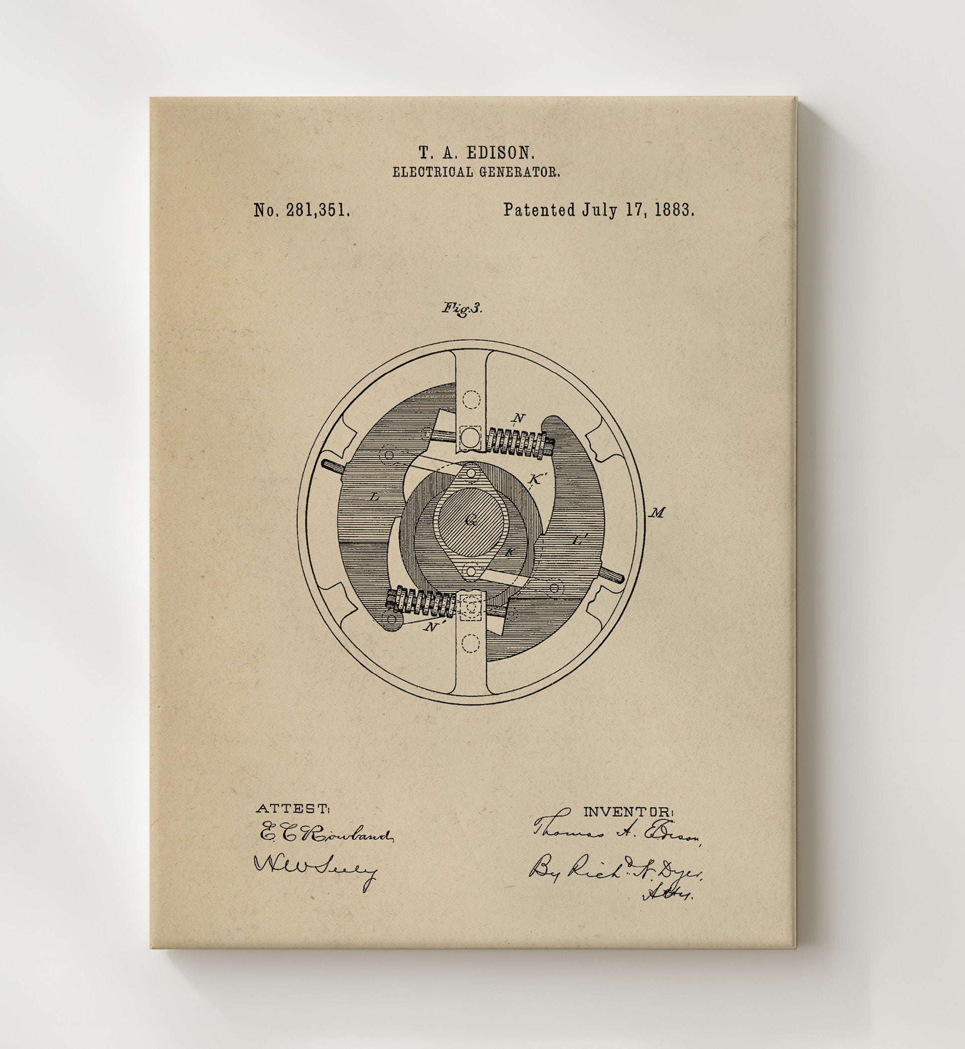 Patent Print - Electrical Generator Rotor Detail - Thomas Edison - 1883 - Patent 281351 Patent Wall Art