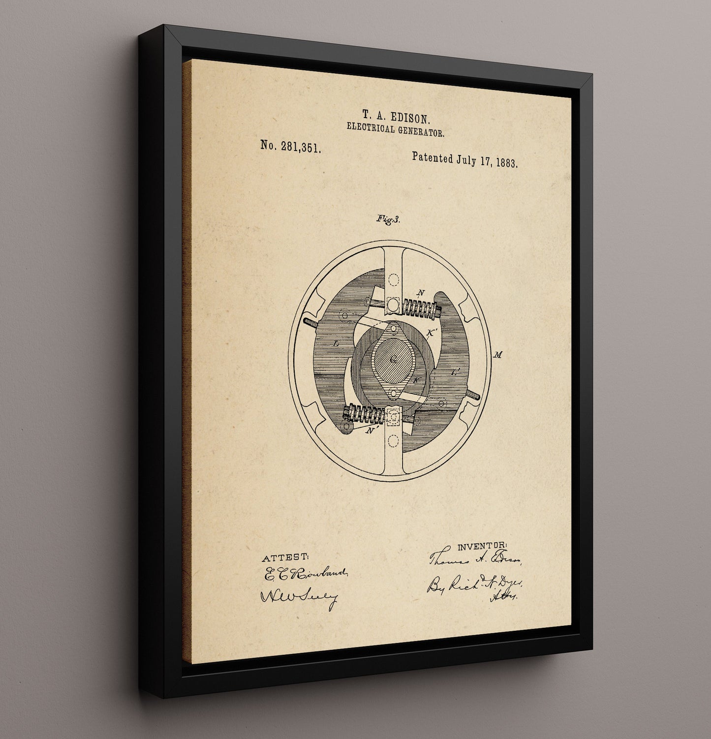 Patent Print - Electrical Generator Rotor Detail - Thomas Edison - 1883 - Patent 281351 Patent Wall Art