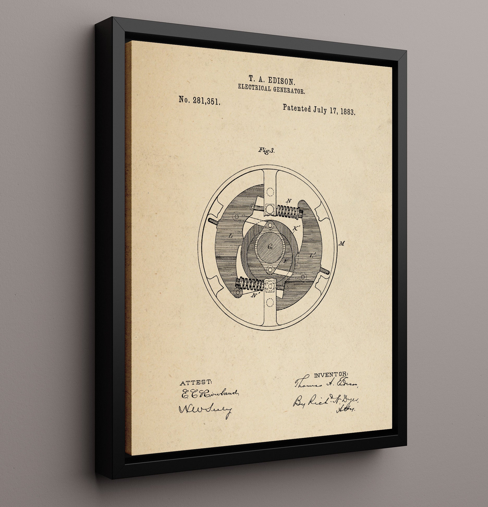 Patent Print - Electrical Generator Rotor Detail - Thomas Edison - 1883 - Patent 281351 Patent Wall Art