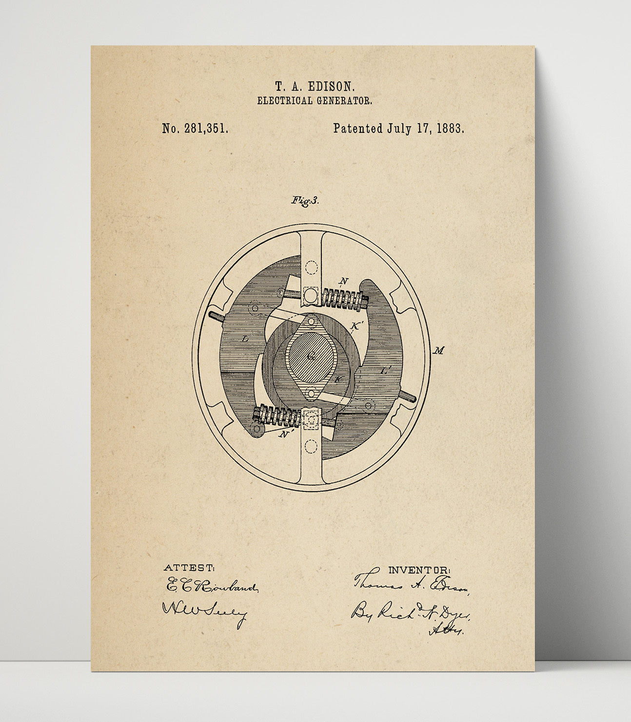 Patent Print - Electrical Generator Rotor Detail - Thomas Edison - 1883 - Patent 281351 Patent Wall Art