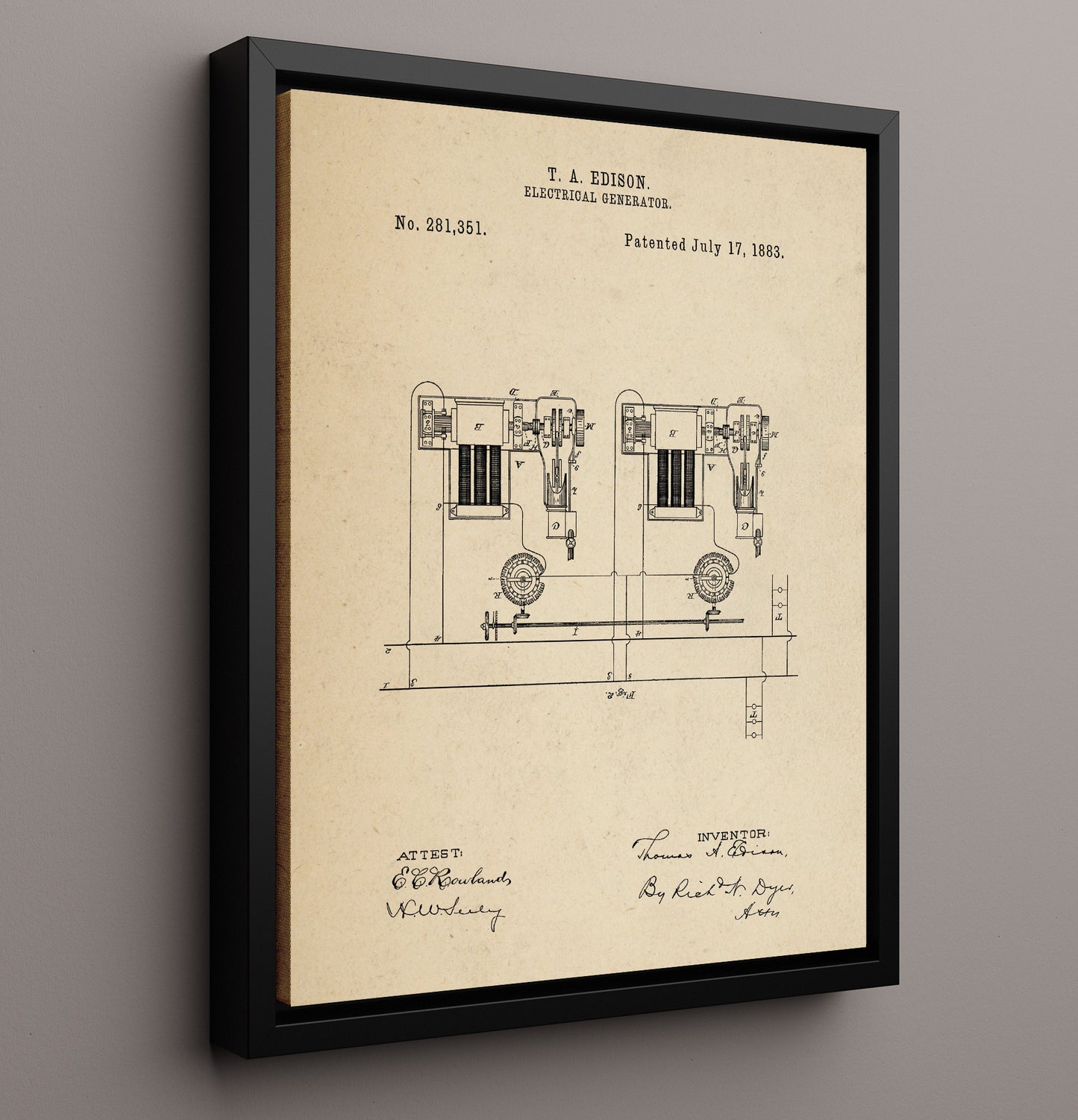Patent Print - Electrical Generator System Diagram - Thomas Edison - 1883 - Patent 281351 Patent Wall Art