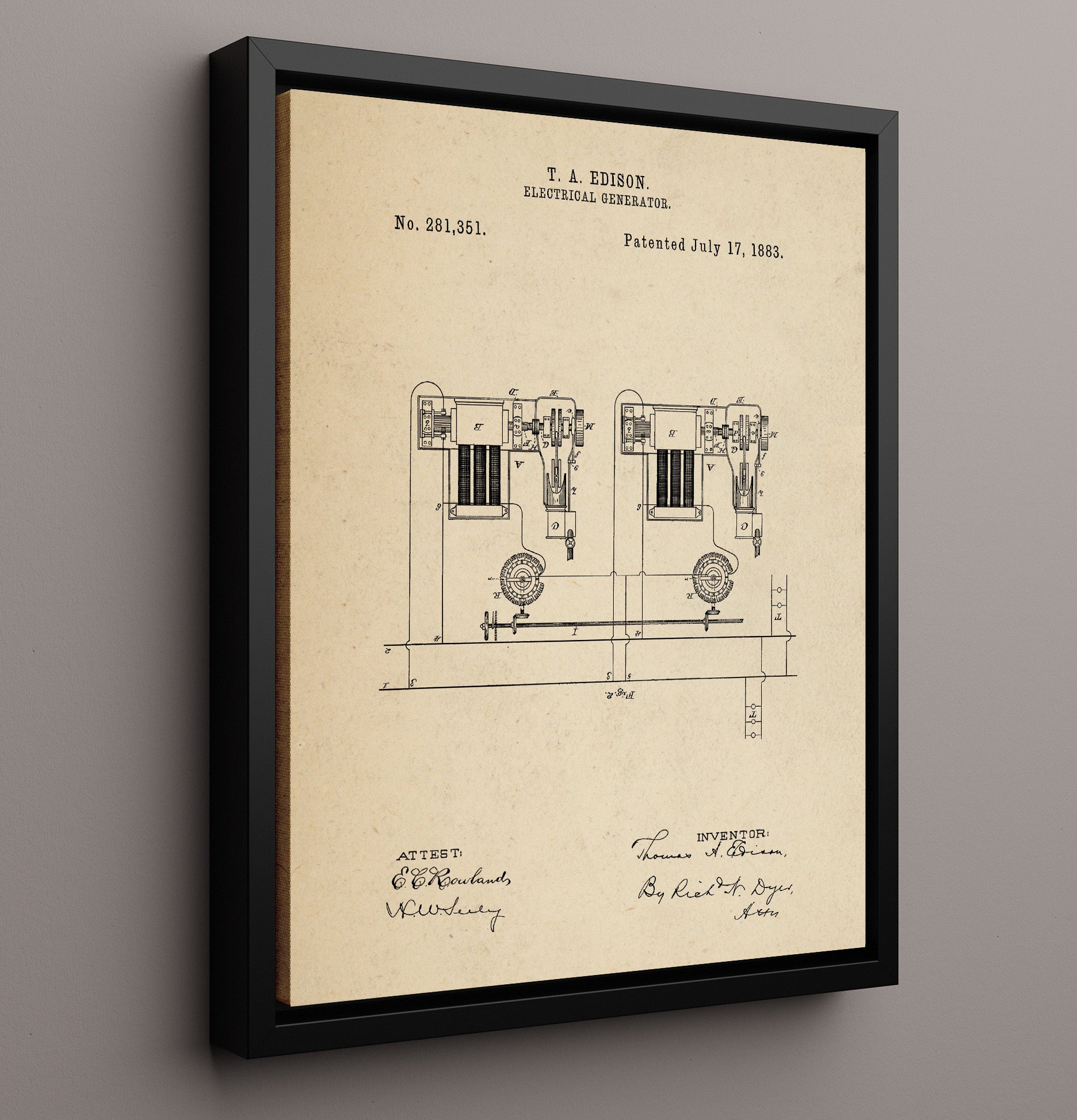 Patent Print - Electrical Generator System Diagram - Thomas Edison - 1883 - Patent 281351 Patent Wall Art
