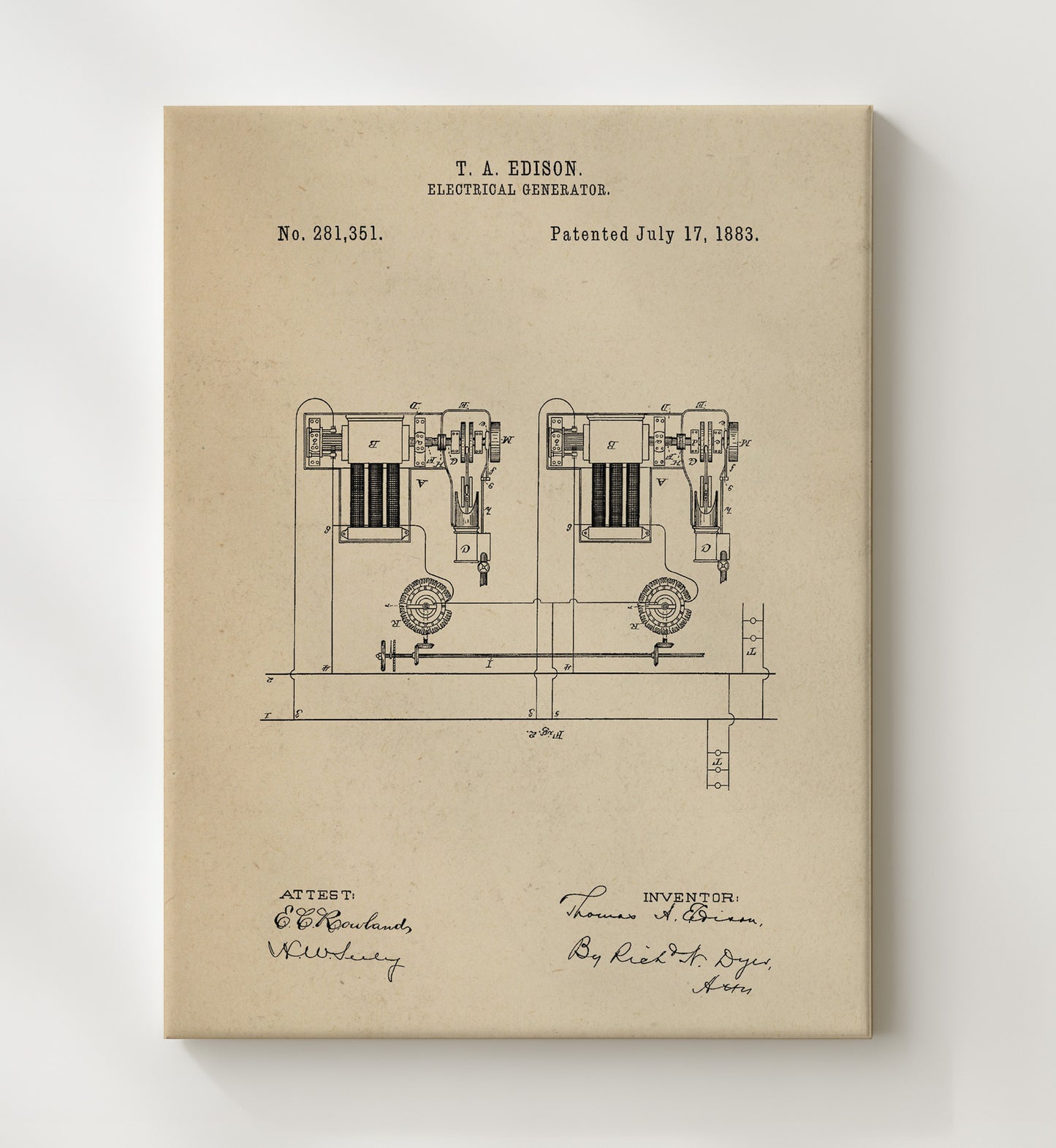 Patent Print - Electrical Generator System Diagram - Thomas Edison - 1883 - Patent 281351 Patent Wall Art