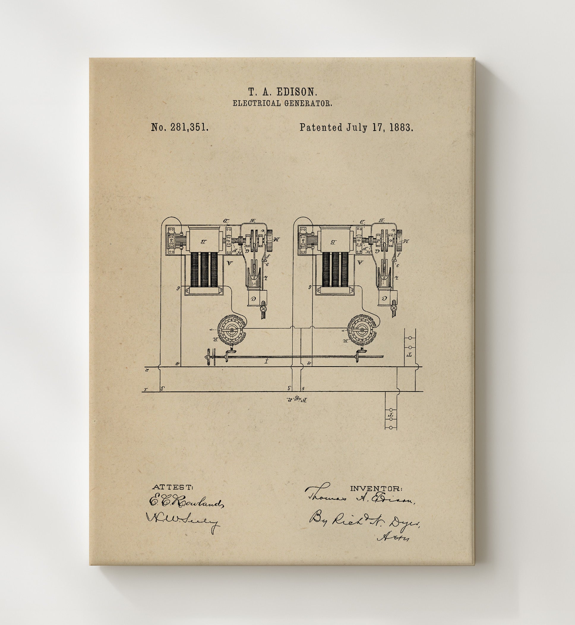 Patent Print - Electrical Generator System Diagram - Thomas Edison - 1883 - Patent 281351 Patent Wall Art