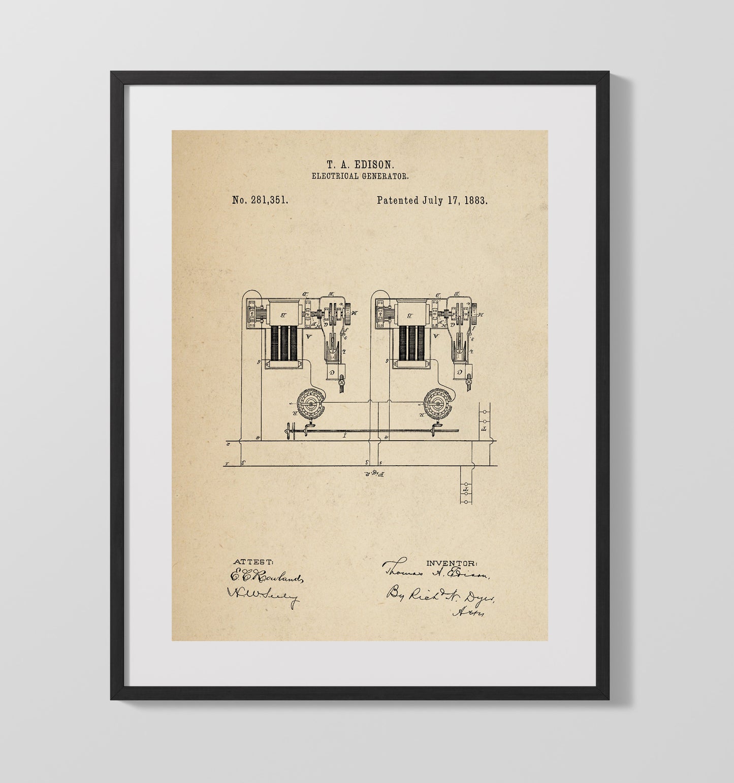 Patent Print - Electrical Generator System Diagram - Thomas Edison - 1883 - Patent 281351 Patent Wall Art
